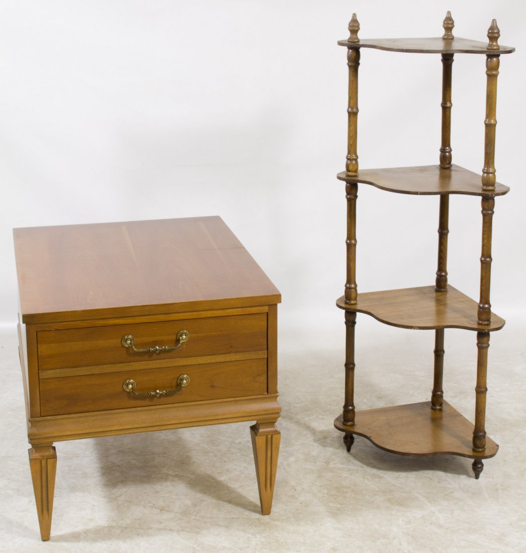 Lane End Table with Corner Shelf: Lane End Table with Corner Shelf Mid-century single drawer end table with free-standing corner shelf Height: 20.00 inches, Width: 21.00 inches, Depth: 27.00 inches (Dimensions of end table, shelf unit