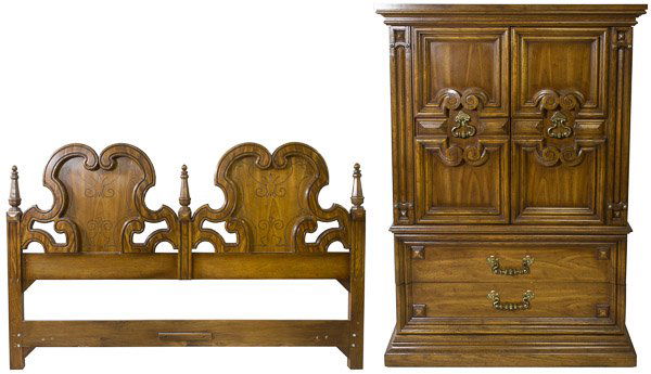 Oak and Pecan Dresser with King Size Headboard: Oak and Pecan Dresser with King Size Headboard Dresser has two doors enclosing shelves and drawers over two drawers Height: 60.00 inches, Width: 42.00 inches, Depth: 21.00 inches Category: Furniture >