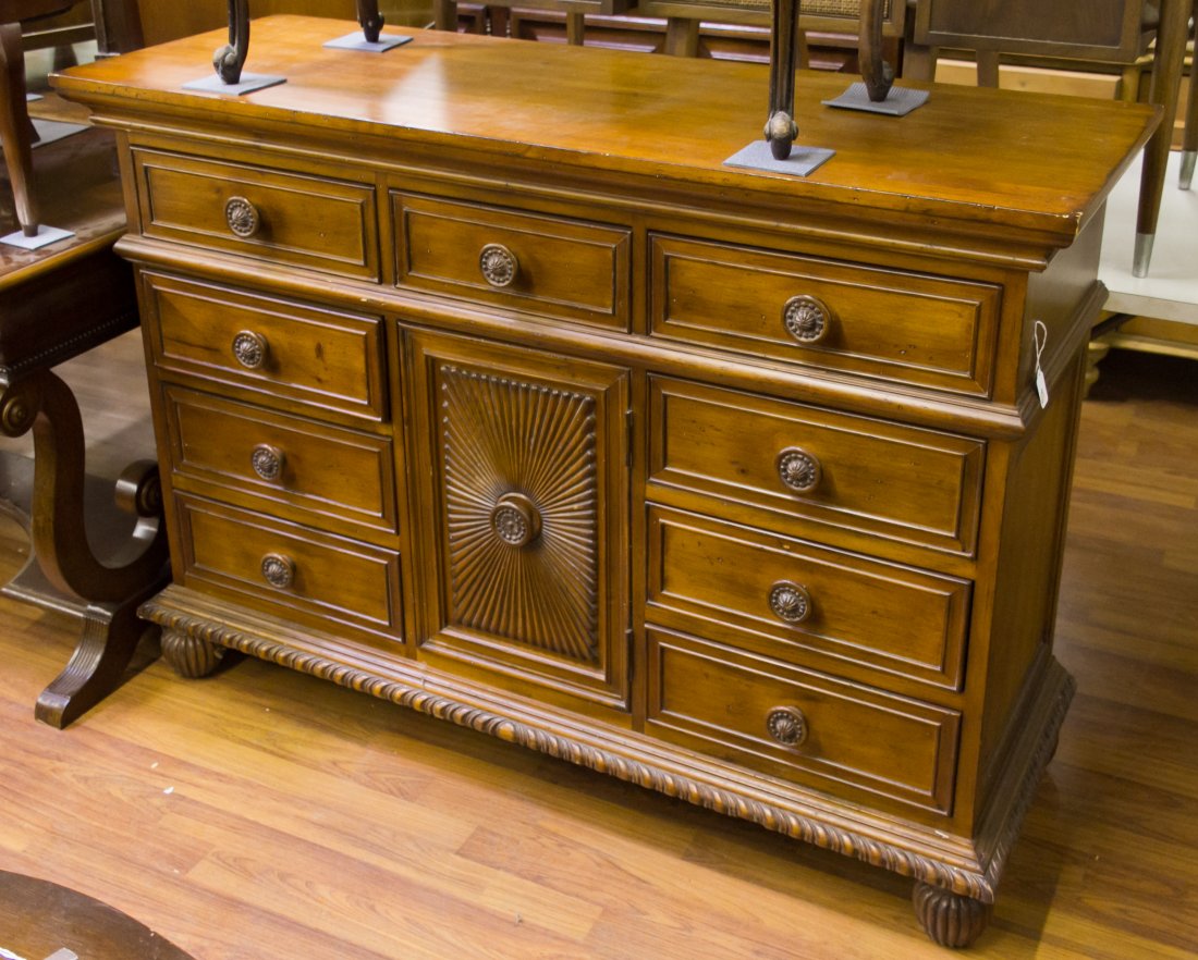 Walnut Sideboard by Ferguson Copeland: Walnut Sideboard by Ferguson Copeland Having nine drawers and center cabinet Height: 40.00 inches, Width: 56.00 inches, Depth: 20.00 inches Category: Furniture > American Shipping Status: 3rd Party Sh