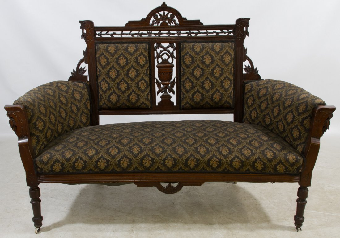 Victorian Carved Walnut Parlor Settee: Victorian Carved Walnut Parlor Settee Curved arms with black and gold period fabric Height: 43.00 inches, Width: 61.00 inches, Depth: 20.00 inches Category: Furniture > Victorian Shipping Status: 3rd 