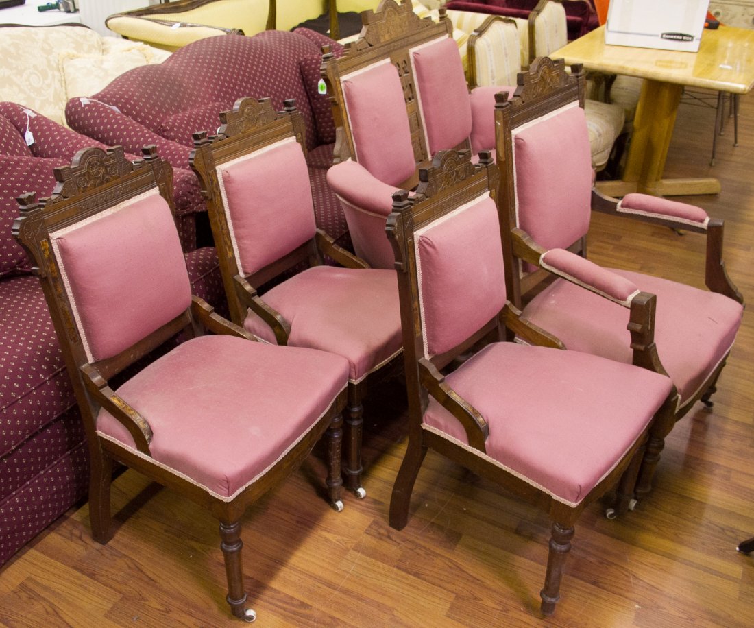 Victorian Walnut Parlor Set: Victorian Walnut Parlor Set Includes matching settee, arm chair and three side chairs Height: 43.00 inches, Width: 59.00 inches (of settee) Category: Furniture > Victorian Shipping Status: 3rd Party S