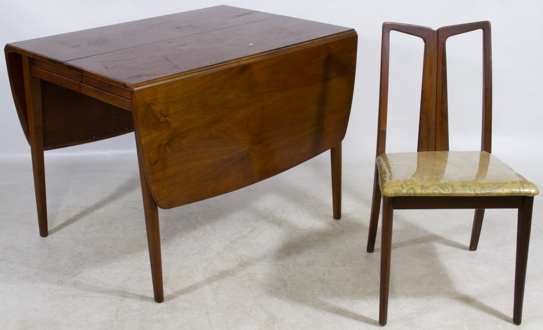 Mid-Century Danish Modern Table and Chairs by Drexel: Mid-Century Danish Modern Table and Chairs by Drexel Including drop leaf table, three leaves, two arm chairs and six side chairs Height: 30.00 inches, Width: 40.00 inches (table) Category: Furniture >