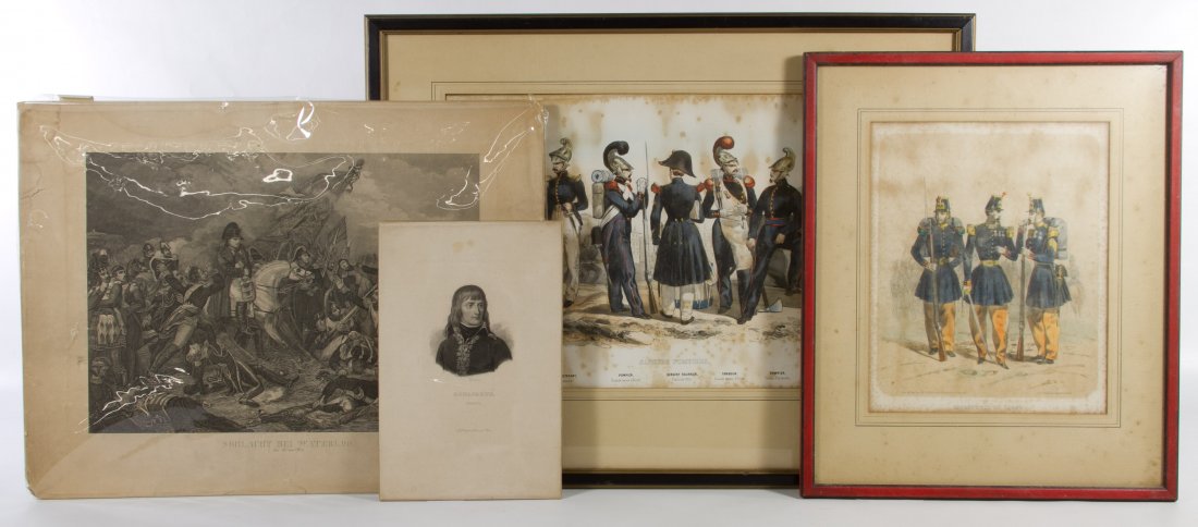 French Historical Military Prints: French Historical Military Prints Including two Hautecoeur color tinted framed prints 'Sapeur Pompiers' and 'Infanterie De Ligne;' and two unframed prints 'Bonaparte' and Schulacht Bel Waterloo' Heigh