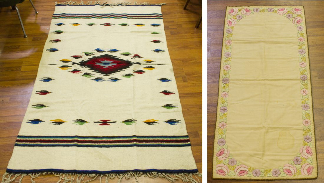 Navaho Rug and Embroidered Table Scarf: Navaho Rug and Embroidered Table Scarf Navaho cream wool rug with bird and stepped diamond motif, and silk table runner with crewel work floral decoration on edges Length: 85.00 inches, Width: 49.00 i