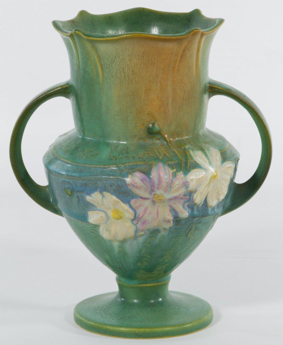 Roseville 1358 Green Cosmos Double Handled Vase
