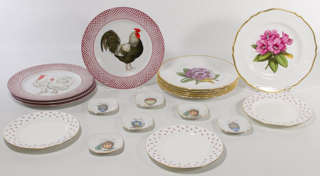 Spode Floral, Haldron Rooster, Alitalia and Selzer: Spode Floral, Haldron Rooster, Alitalia and Selzer Plates (6) Spode flower plates, (4) Haldron Devonshire rooster plates, (3) Cleveland dessert plates and (6) Alitalia hot air balloon square dishes Ca