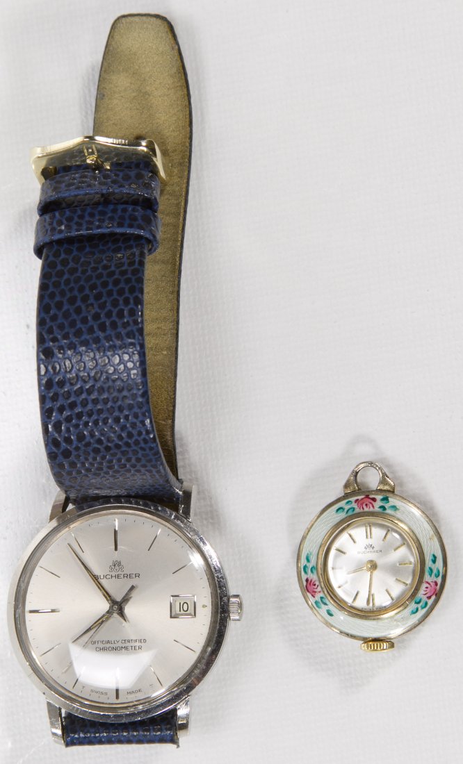 Bucherer Watch Assortment: Bucherer Watch Assortment Two watches including silver and blue Bucherer Men's wristwatch and a gold washed sterling silver Women's pocket watch Length: 8.00 inches Category: Jewelry and Timepieces > 