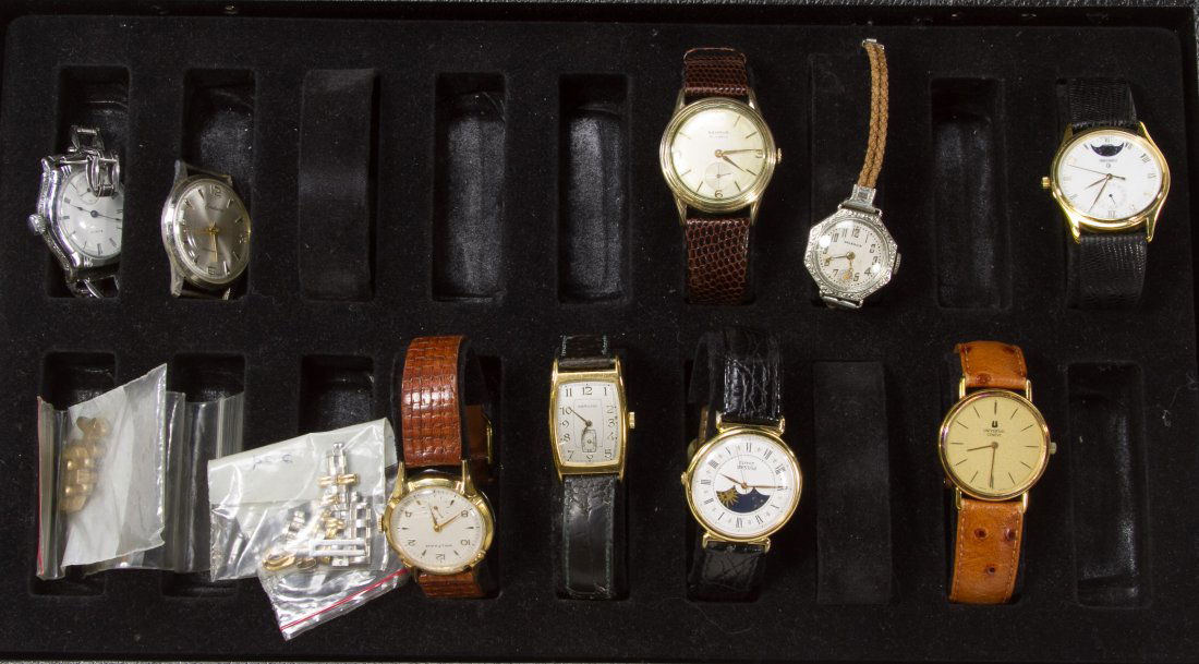 Men's Wrist Watch Assortment: Men's Wrist Watch Assortment Nine watches including (1) Endura watch face, (1) Elgin, (1) Valencia, (1) Benrus, (1) Concord, (1) Pulsar, (1)Universal Geneve, (1) Hamilton, and (1) Waltham Length: 4.00