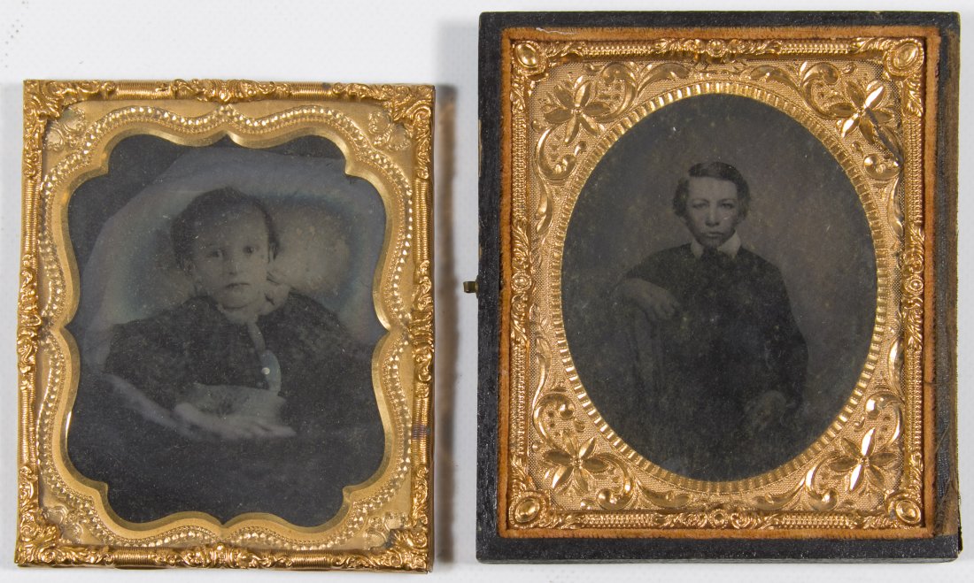 Ambrotype Photographs of Children: Ambrotype Photographs of Children c.1873, both having gilt metal frames, one depicting a young girl, and other image of boy with arm on chair has part of case Height: 3.50 inches (height of boy photo)