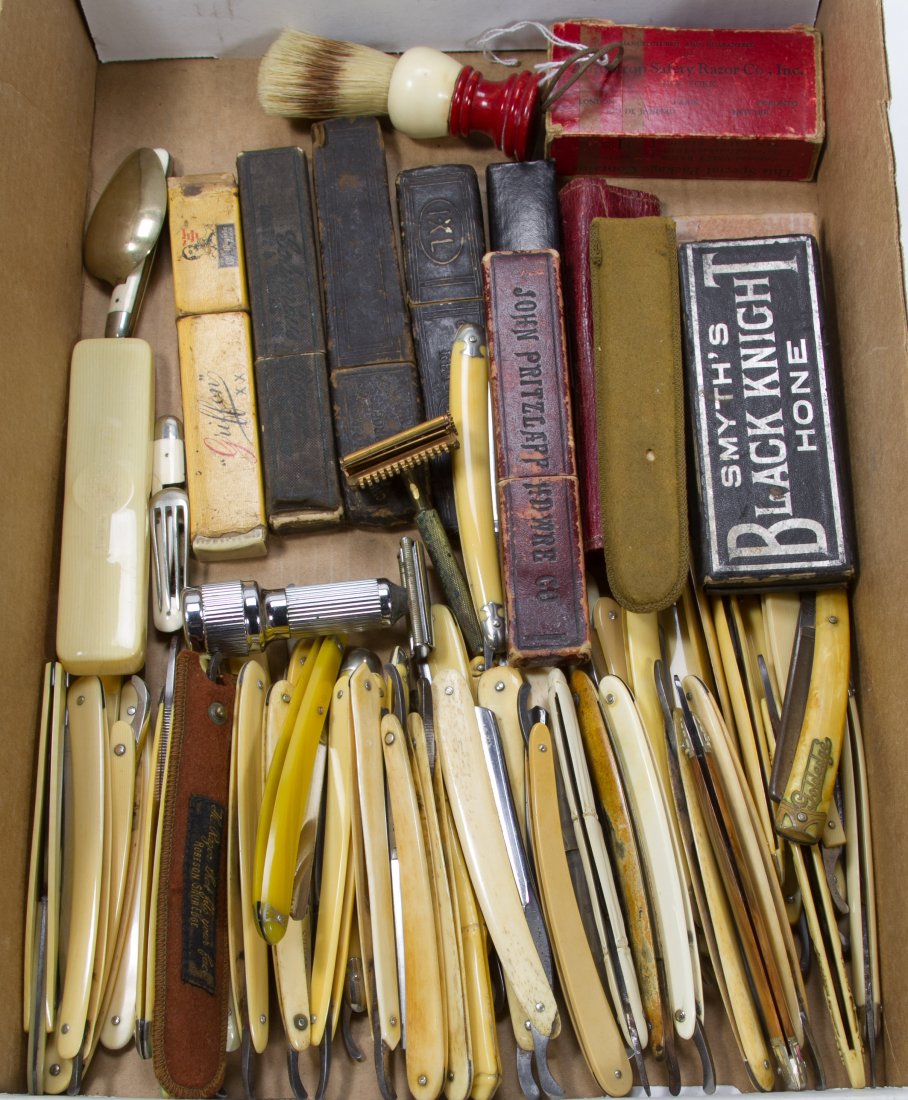 Straight Razor and Accessory Collection: Straight Razor and Accessory Collection Includes forty-eight loose bone and Bakelite handled straight razors, some with carved or inlay decorations,(8) razors with original boxes and/or cases, (2) sha