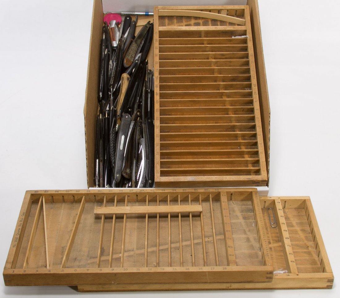 Wood, Bakelite and Metal Handled Straight Razor: Wood, Bakelite and Metal Handled Straight Razor Collection Forty-one razors includes examples from 1840-1940; mostly with black handles; one pocket knife, and five wood display racks Height: 15.25 inc