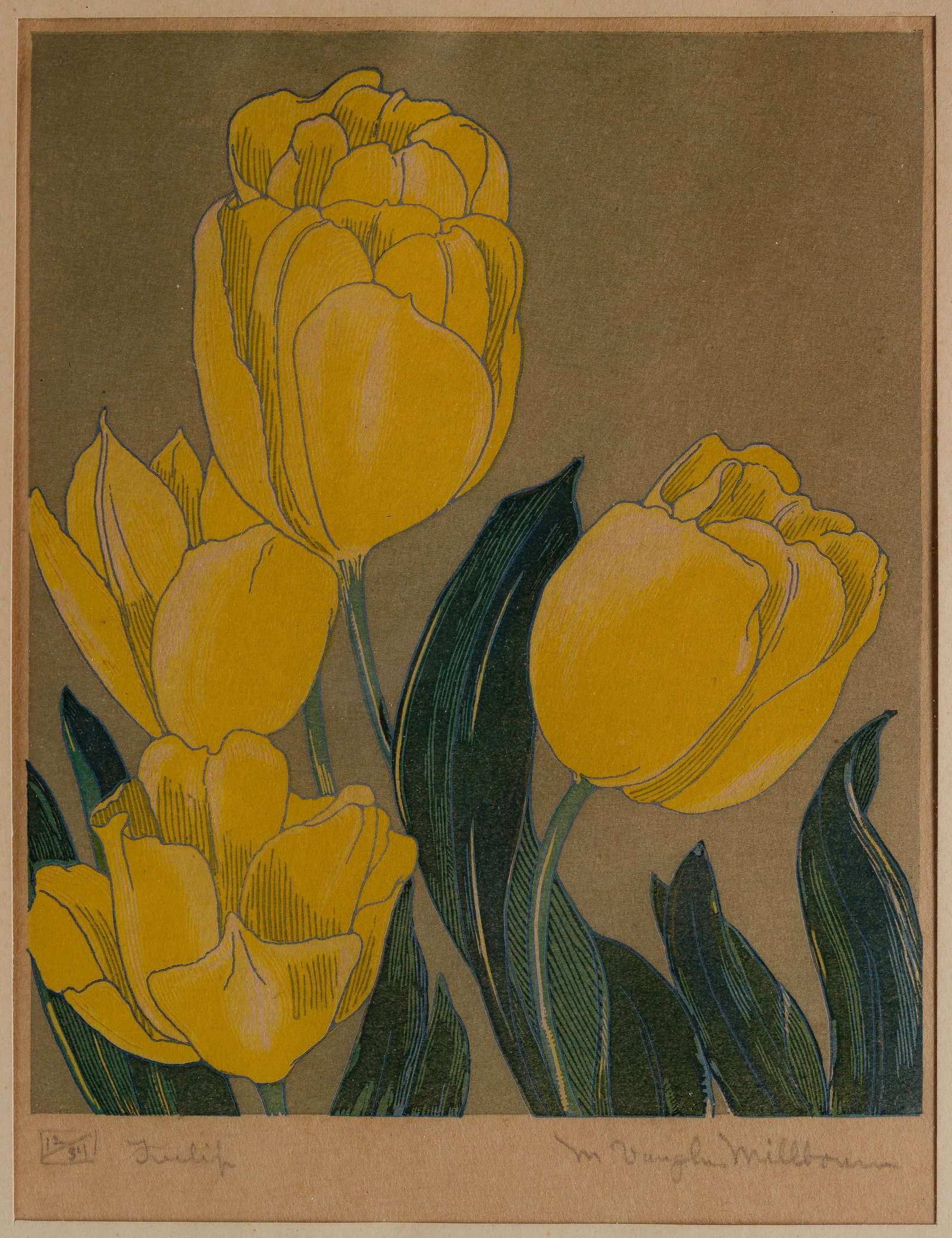 M. Vaughan Millbourn (American, 1893-1987) 'Tulips' Color Woodblock Print: M. Vaughan Millbourn (American, 1893-1987) 'Tulips' Color Woodblock Print (2) total items including a pencil signed, 'Tulips' woodblock #12/34, matted behind glass in a gold-tone and white painted