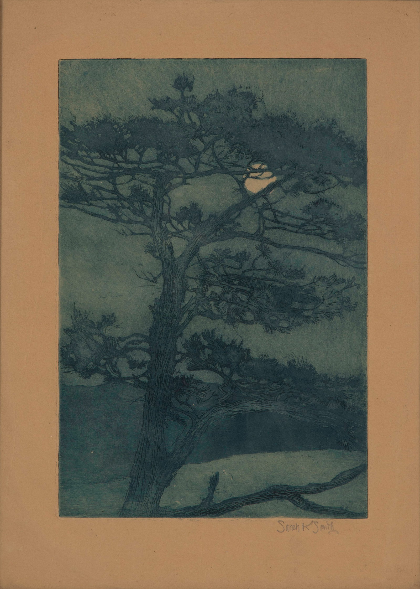 Sarah K. Smith (American, 1878-1956) Etching: Sarah K. Smith (American, 1878-1956) Etching Undated, pencil signed in margin, depicting a Monterey pine and the moon, under glass in a wood frame, retaining F. A. Bryden Co., Chicago label