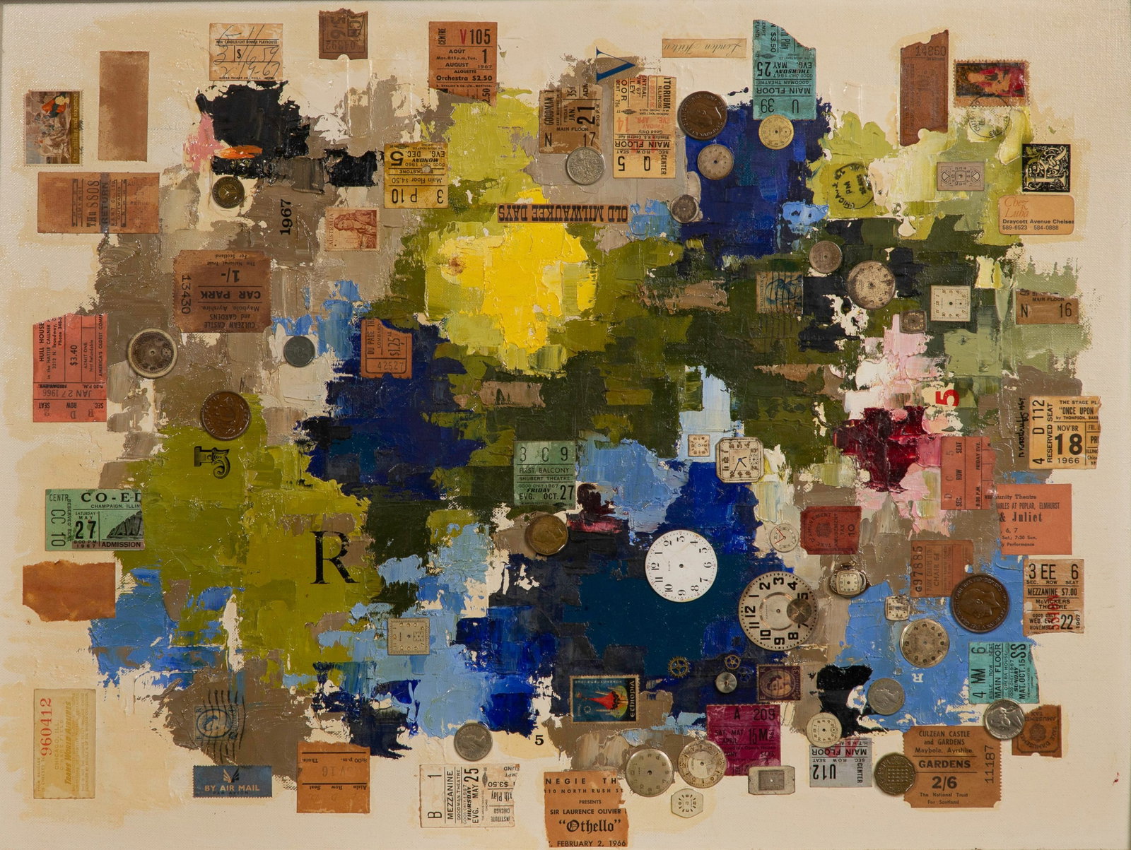 Hale Woodruff (American, 1900-1980) 'Reflections 41' Mixed Media on Canvas Board: Hale Woodruff (American, 1900-1980) 'Reflections 41' Mixed Media on Canvas Board 1967, 'Woodruff' and 'Reflections 41' notated verso, a decoupage having splashes of blue, yellow, and green paint as