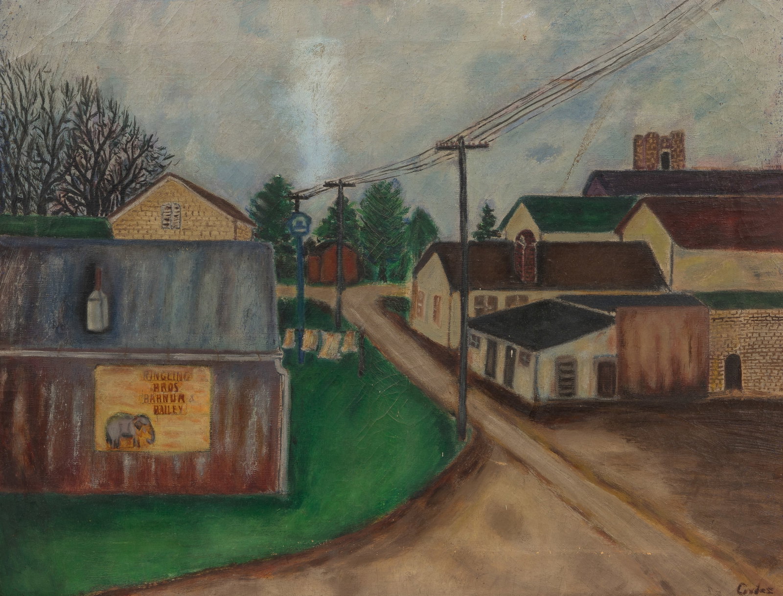 Mabel Cordes Crickman (American, 20th Century) 'Oregon - Our Alley' Oil on Canvas: Mabel Cordes Crickman (American, 20th Century) 'Oregon - Our Alley' Oil on Canvas Undated, signed 'Cordes' lower right, signed again and titled verso, depicting a roadway in a rural village having a