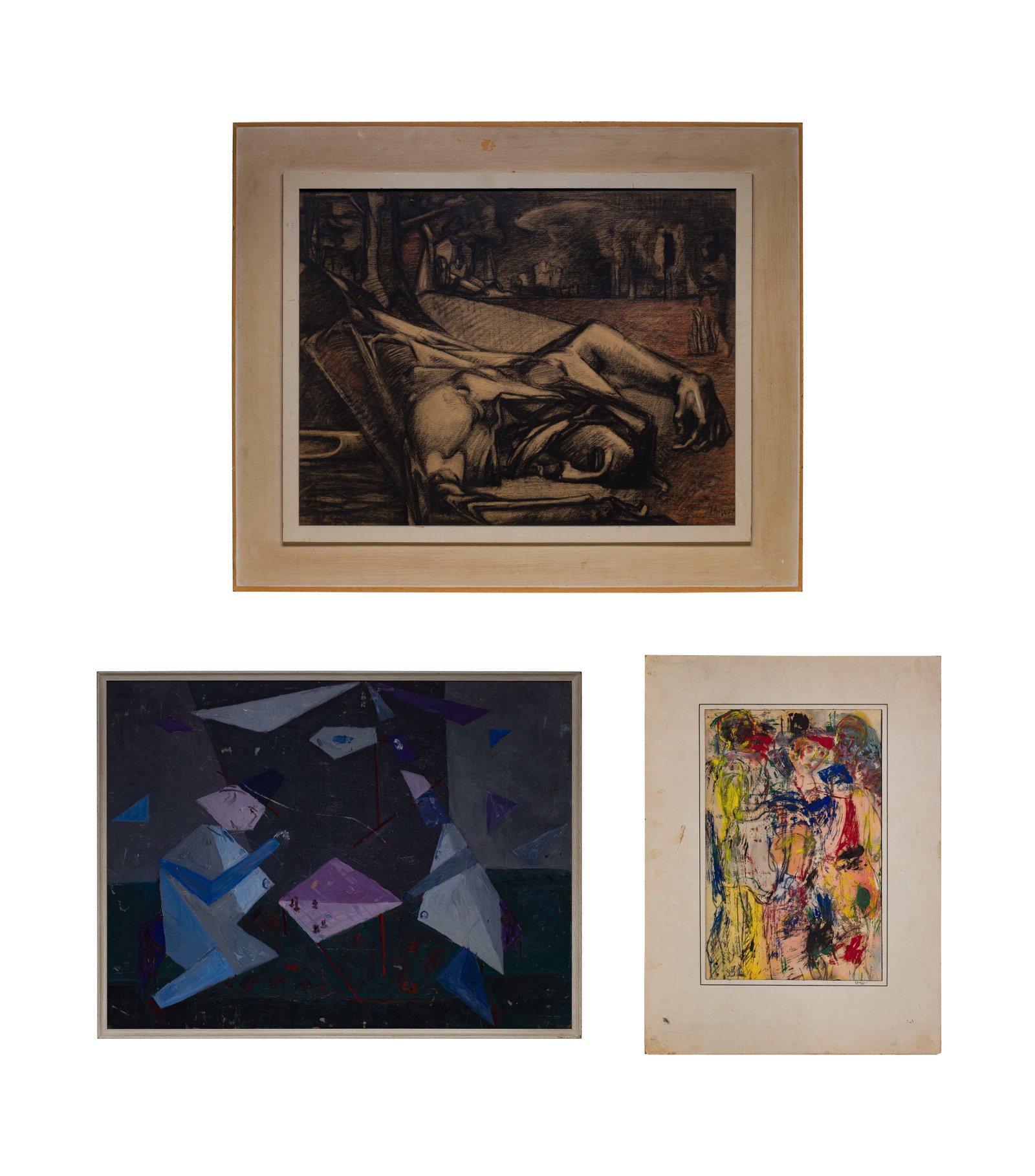 Unknown Artists (20th Century) Abstract Assortment: Unknown Artists (20th Century) Abstract Assortment (3) undated, illegibly signed works of various sizes and colors, including a watercolor, an acrylic and a drypoint, (2) having frames Property from: