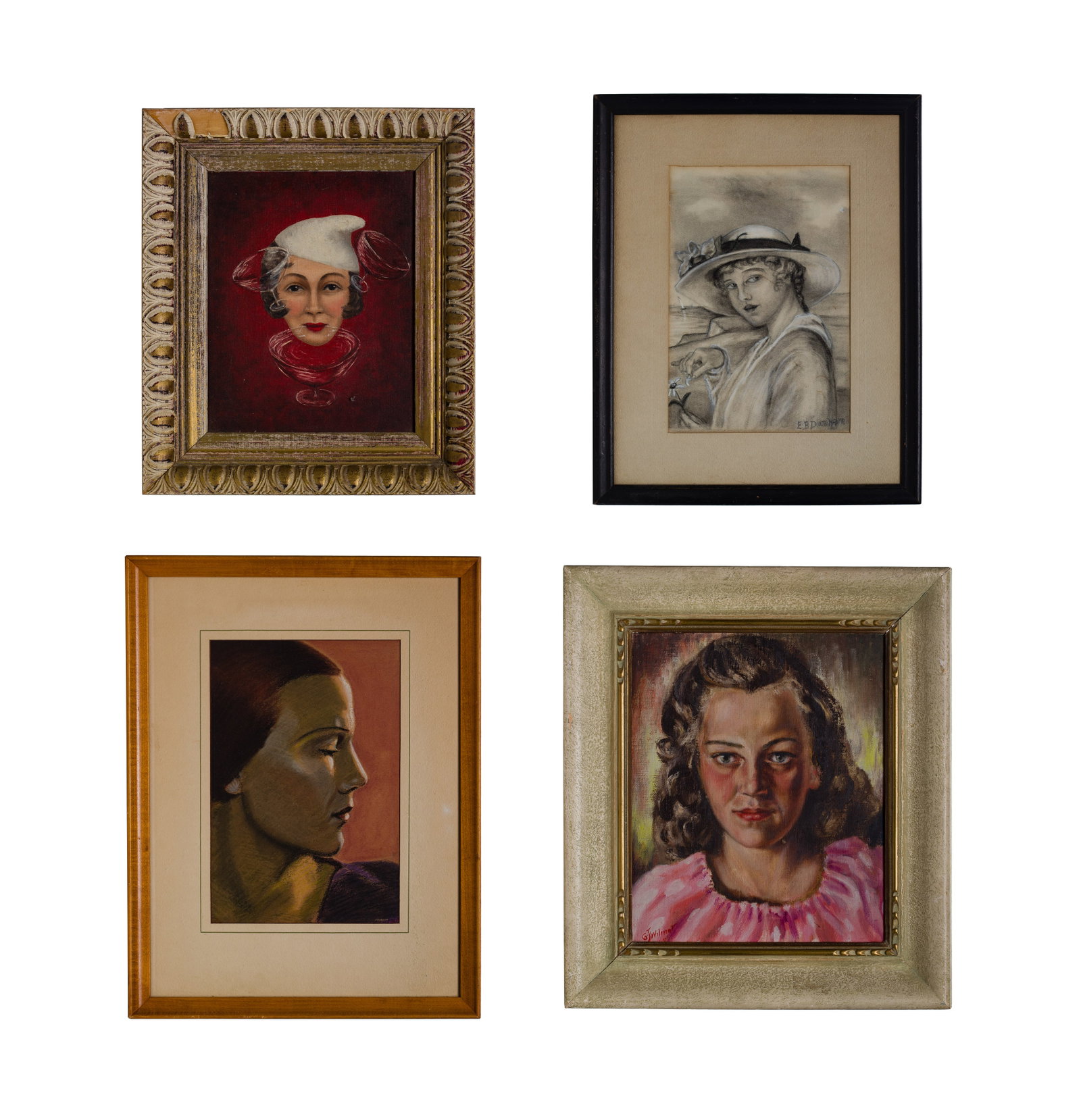 Various Artists (20th Century) Portrait Assortment: Various Artists (20th Century) Portrait Assortment (4) items including an oil on panel signed 'G. J. Wilmer' depicting a young woman in pink, a charcoal on paper signed 'Pearson', a graphite and