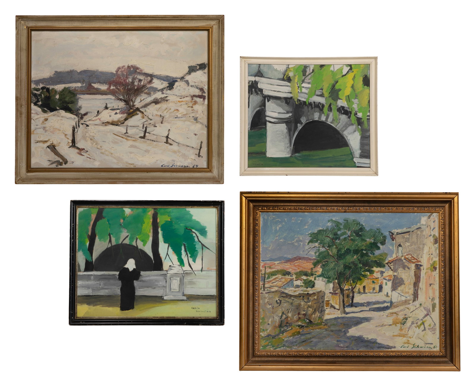 Carl Joseph Schwenn (Danish, 1888-1973) Oil on Canvas Assortment: Carl Joseph Schwenn (Danish, 1888-1973) Oil on Canvas Assortment (4) total items, (2) signed 'Carl Schwenn' including a 1961 depiction of a town and a 1964 winter landscape, both in painted frames; to
