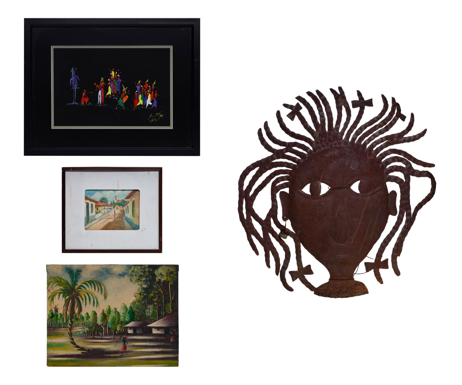 Unknown Artists (20th Century) Artwork Assortment: Unknown Artists (20th Century) Artwork Assortment (4) total items, some illegibly signed, of various scenes, styles and materials including Poto-Poto, (2) matted under glass in wood frames; together w
