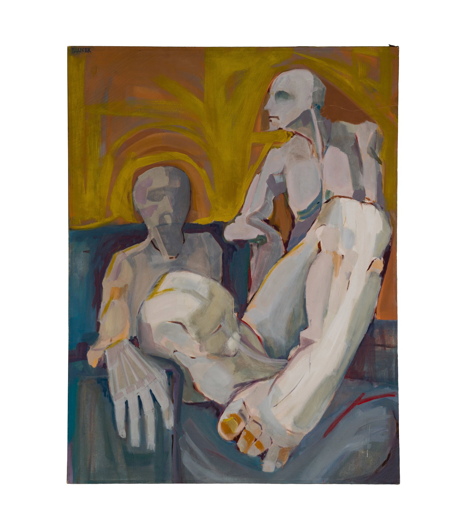 Unknown Artist (20th Century) Acrylic on Canvas: Unknown Artist (20th Century) Acrylic on Canvas 1969, signed 'Balicek', depicting two human forms, unframed Property from: an Estate, Glen Ellyn, Illinois Height: 41 1/8 inches, Width: 31 inches (canv