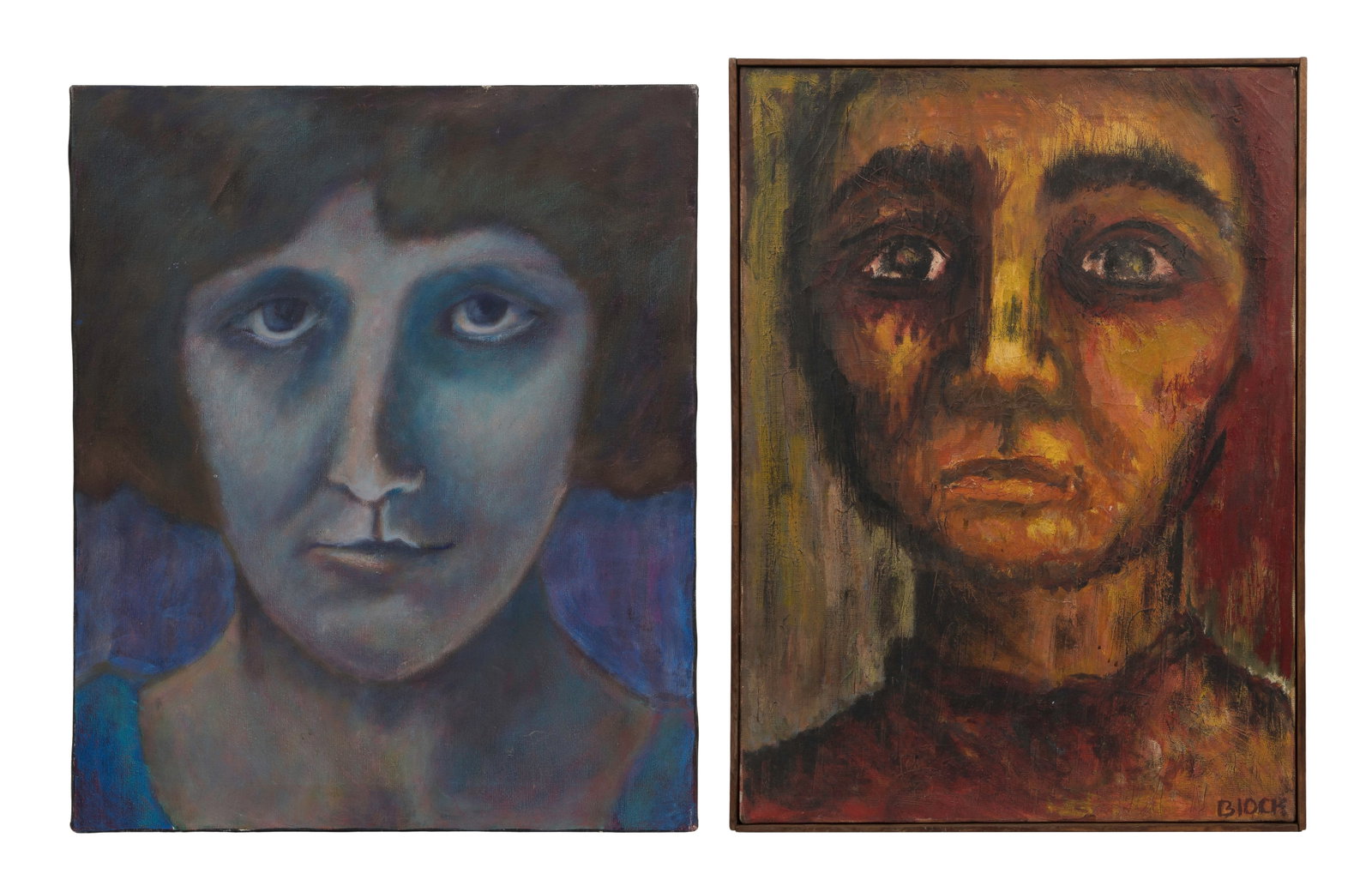 Various Artists (American, 20th Century) Oils on Canvas: Various Artists (American, 20th Century) Oils on Canvas (2) items, including a portrait signed 'Block' in warm hues having a lath frame and an unsigned, unframed portrait in cool tones Property from: 
