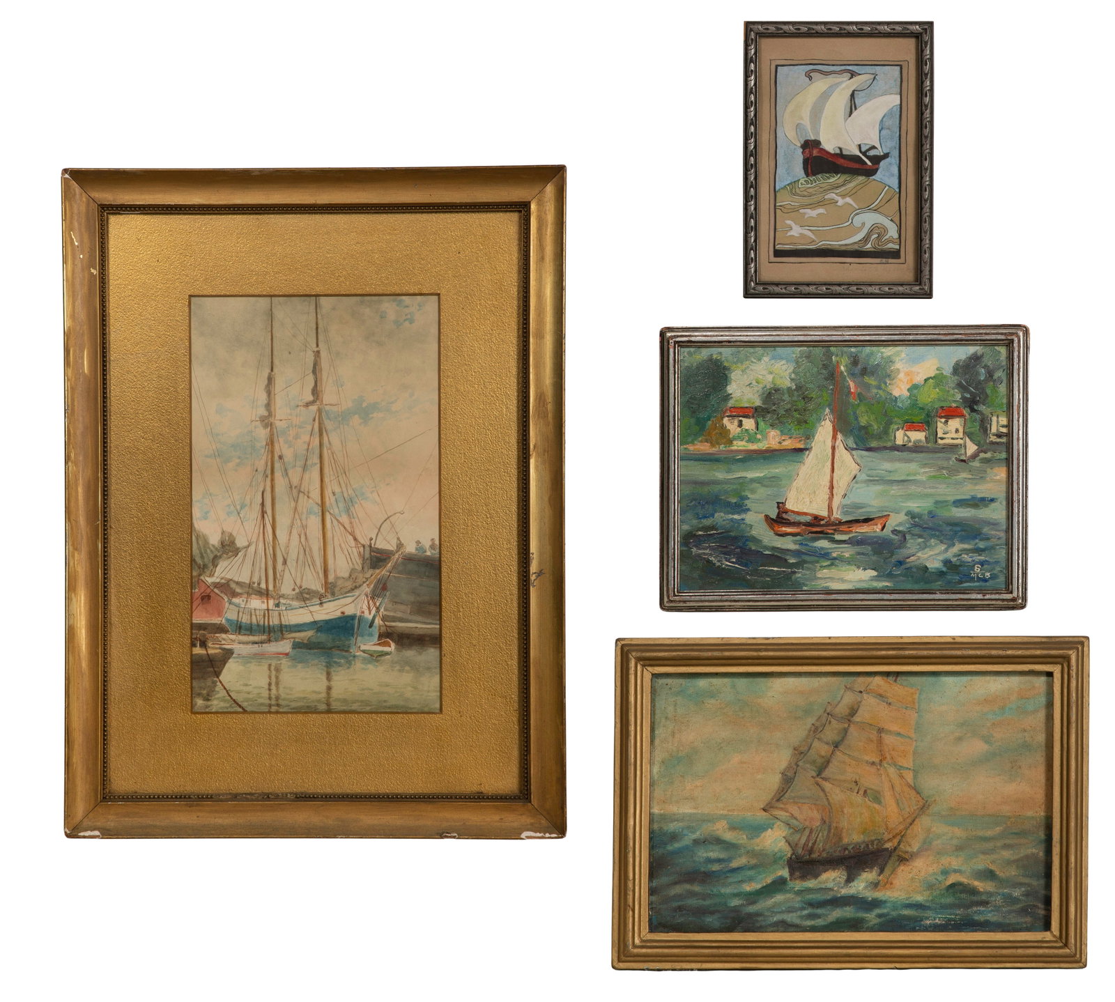 Various Artists (20th Century) Maritime Artwork Assortment: Various Artists (20th Century) Maritime Artwork Assortment (4) undated items including an oil on board of a small sailboat, annotated '6 m.c.b', an unsigned oil on board depicting a schooner at sea, a