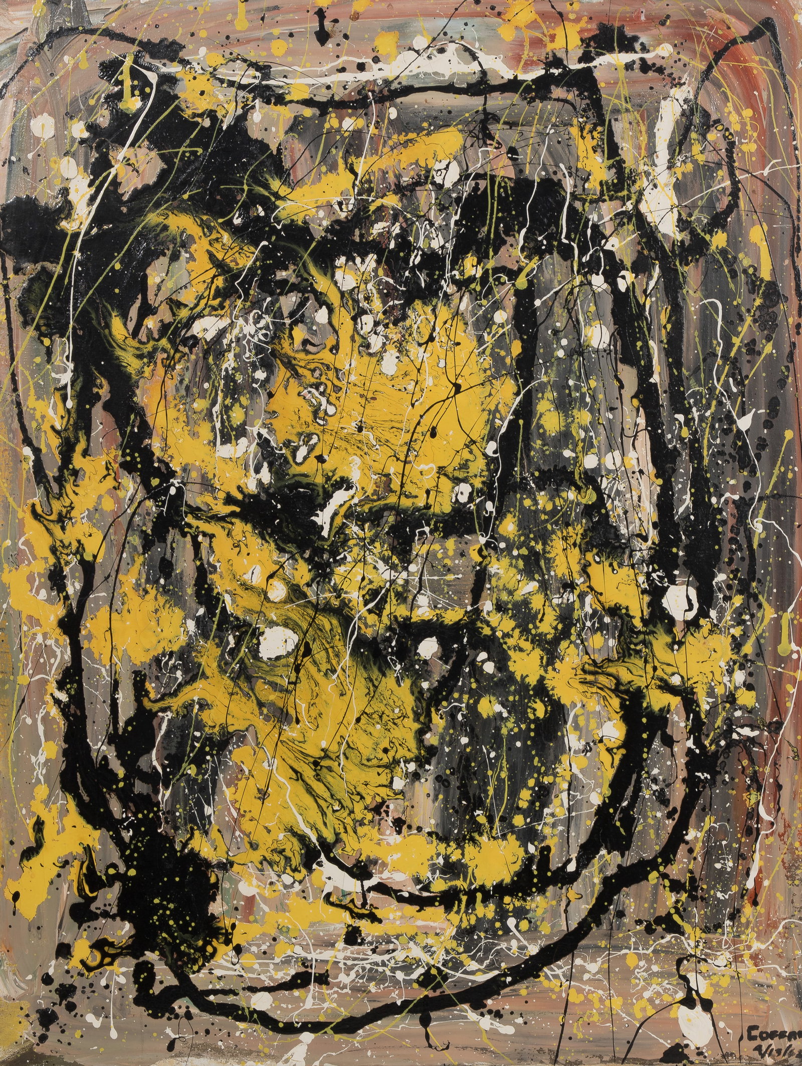 Coffaro (American, 20th Century) 'Frustration of Mine' Oil on Canvas: Coffaro (American, 20th Century) 'Frustration of Mine' Oil on Canvas 1962, signed lower right, titled and signed again verso, in a painted lath frame Property from: an Estate, Glen Ellyn, Illinois Hei