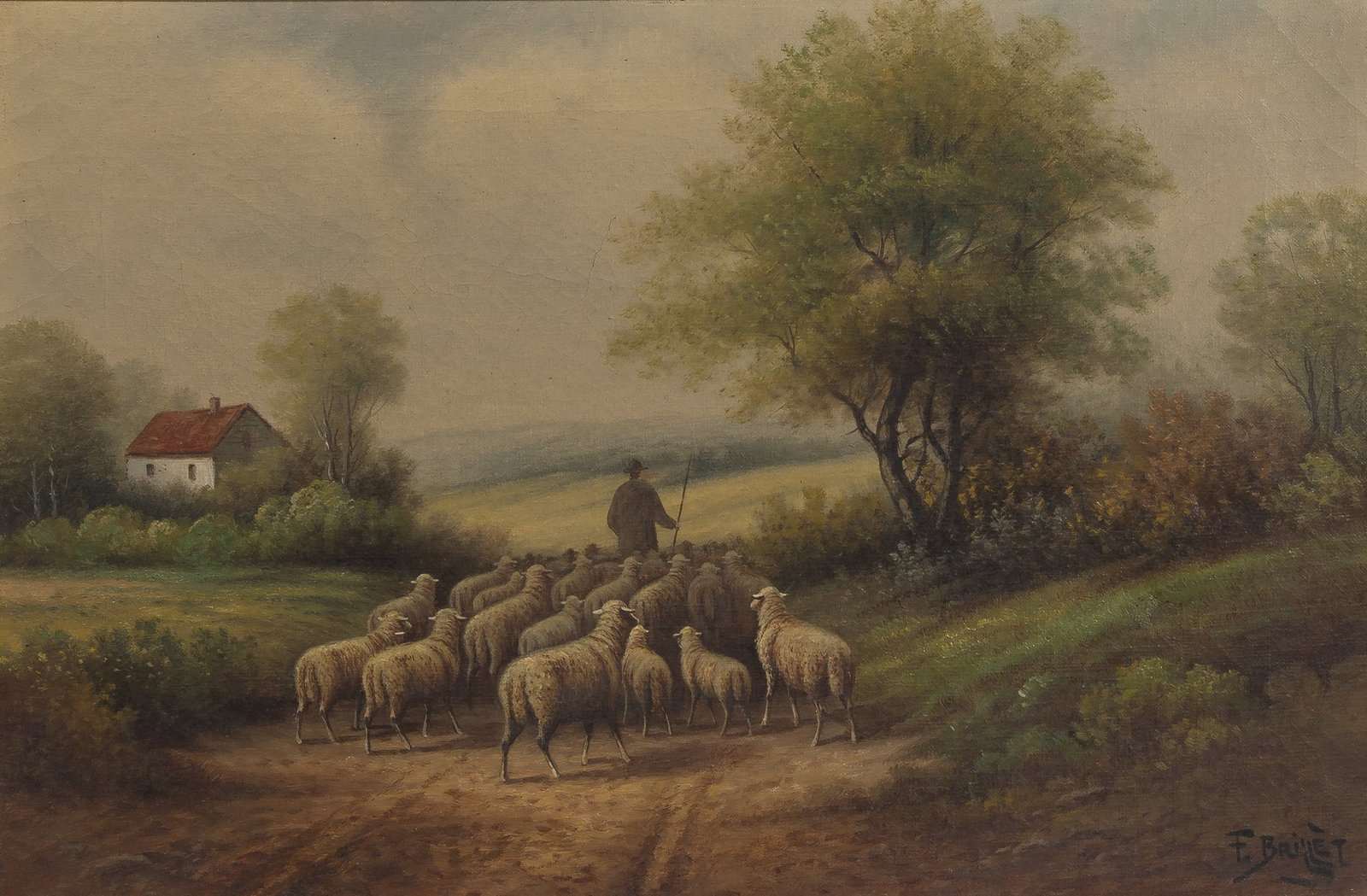 F. Brillet (American, 20th Century) Oil on Canvas: F. Brillet (American, 20th Century) Oil on Canvas (2) total items including an undated depiction of sheep on a road, signed 'F. Brillet', in a gold-tone wood frame; together with an indistinctly signe
