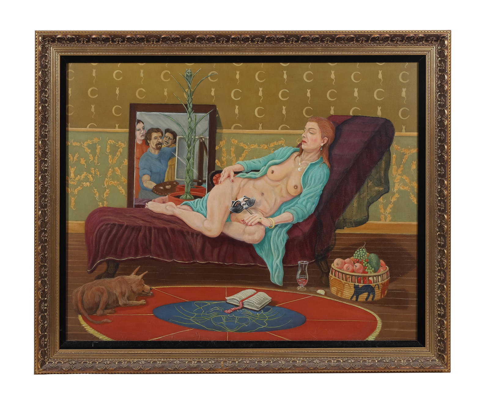 G. T. Tisori (American, 1939-2012) 'Woman on Chaise' Oil on Canvas: G. T. Tisori (American, 1939-2012) 'Woman on Chaise' Oil on Canvas 1985, dated, signed on book on rug, in a gold-tone composite on wood frame having artist postcard and business card attached verso Pr