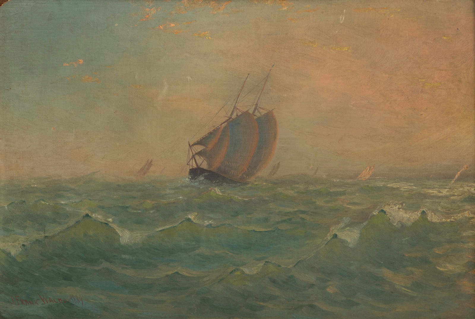 J. Frank Waldo (American, 1835-1920) Oil on Canvas: J. Frank Waldo (American, 1835-1920) Oil on Canvas (2) total items including an 1889 signed depiction of a schooner and seascape; together with an undated oil on panel, signed 'F. Mattola' depicting f