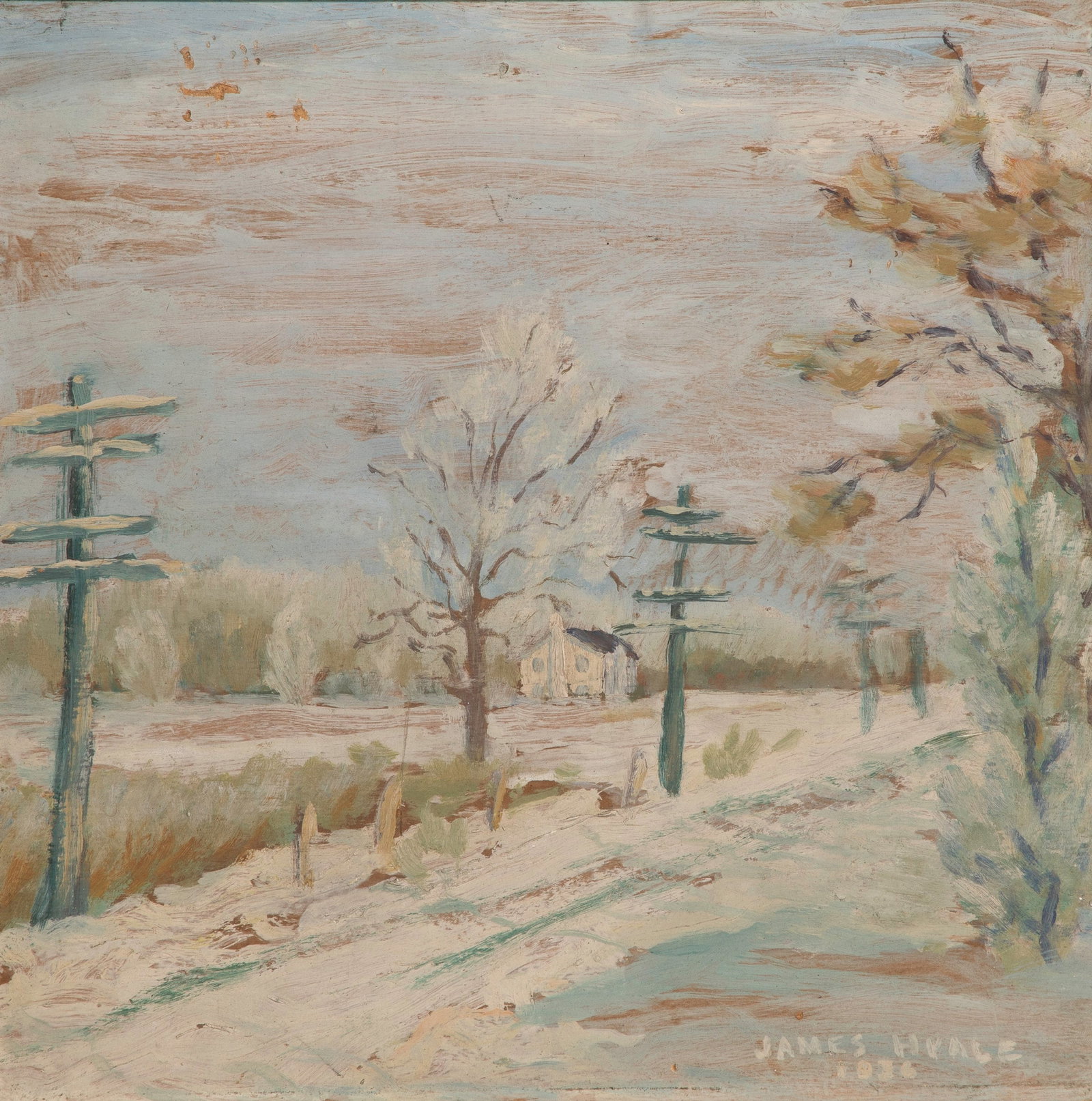 James Hvale (20th Century) Oil on Board: James Hvale (20th Century) Oil on Board (3) total items including a 1936 depiction of a snow covered Wilmot Rd. in Deerfield IL signed and titled verso, in gold-tone wood frame; together with an undat