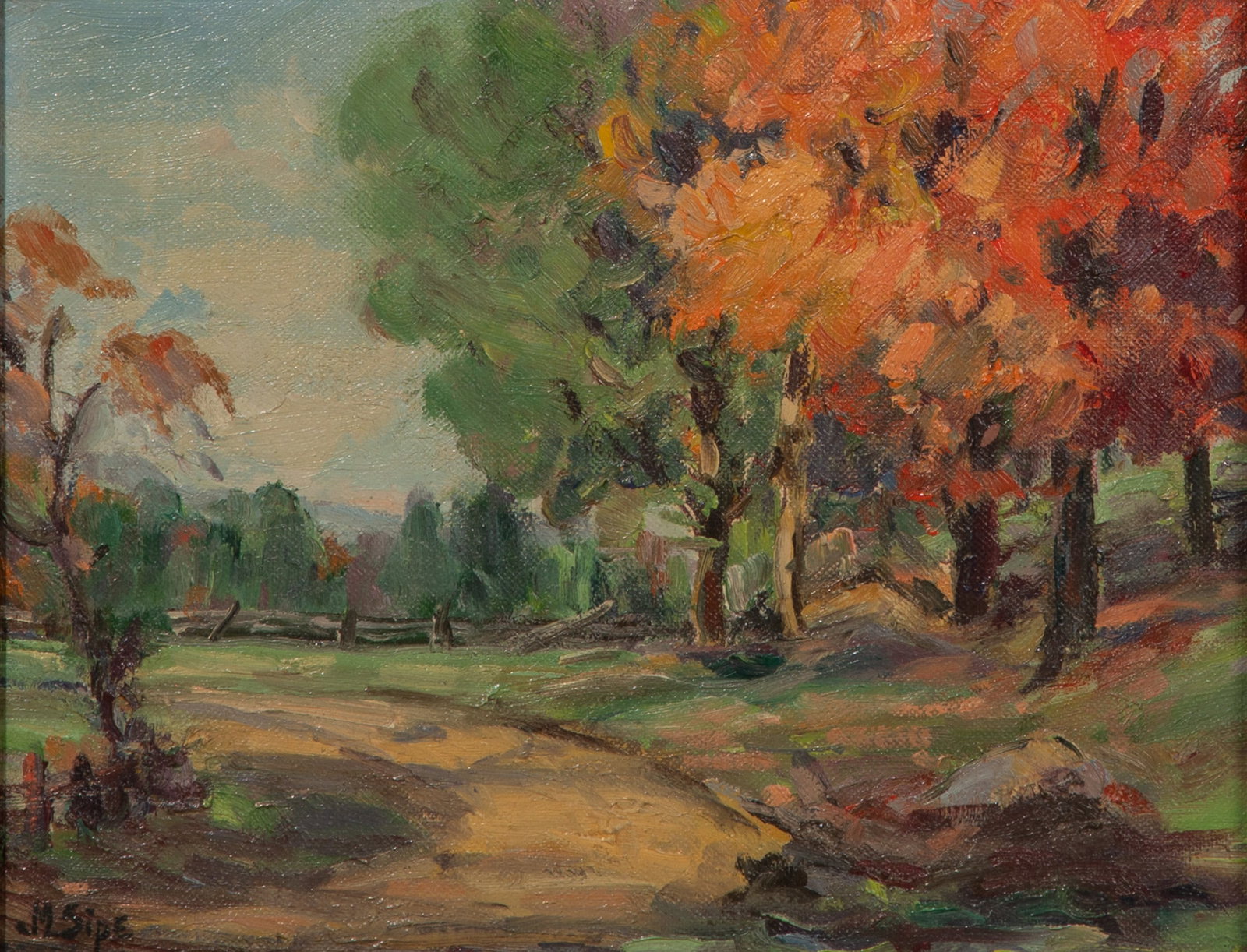 M. Sipe (20th Century) Oil on Board: M. Sipe (20th Century) Oil on Board (3) total items including an undated depiction of a forest, signed 'M. Sipe', in a gold-tone wood frame; together with (2) undated, unsigned oils on board depicting