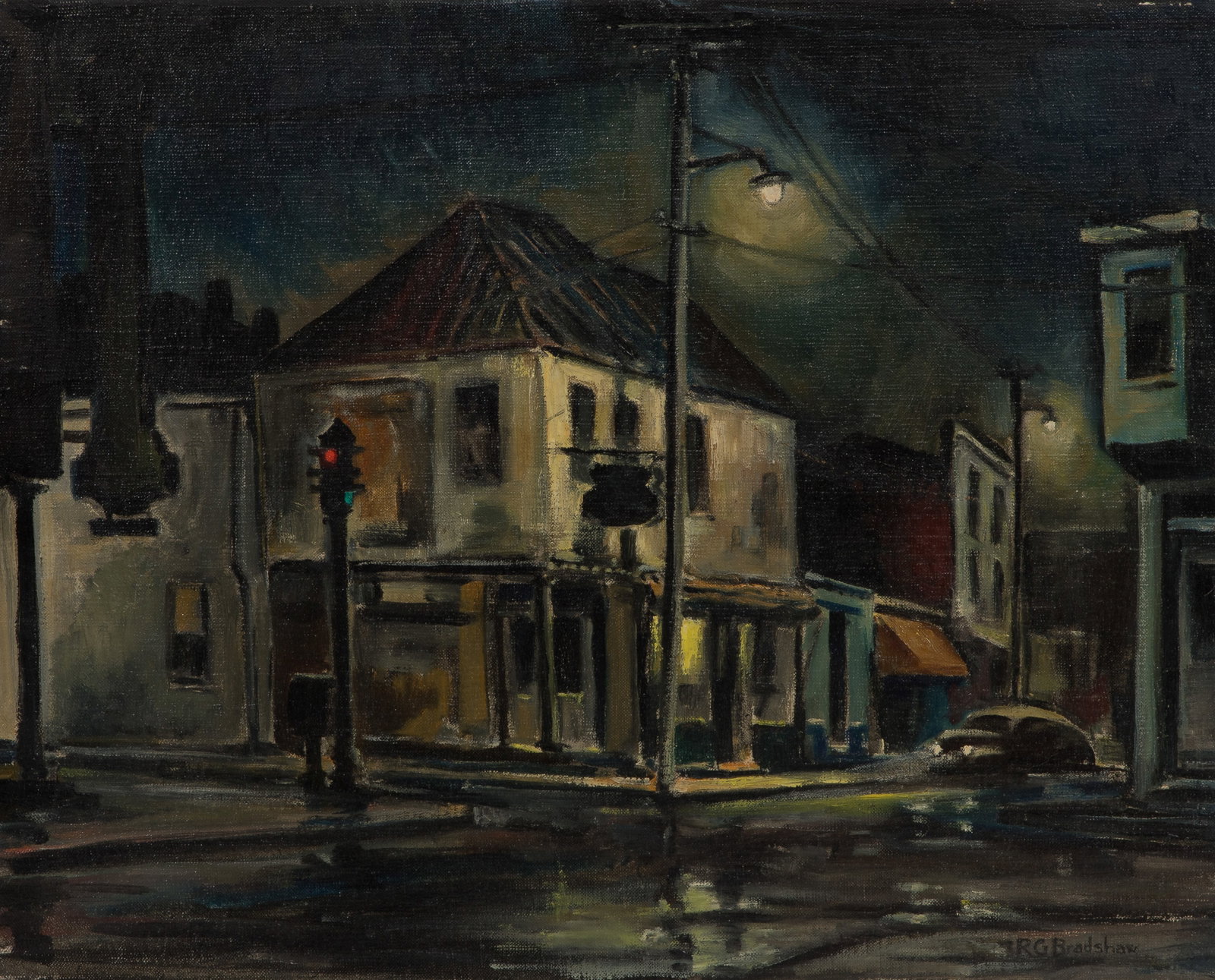 Robert G. Bradshaw (American, 20th Century) 'Rainy Night' Oil on Canvas (1 of 2)