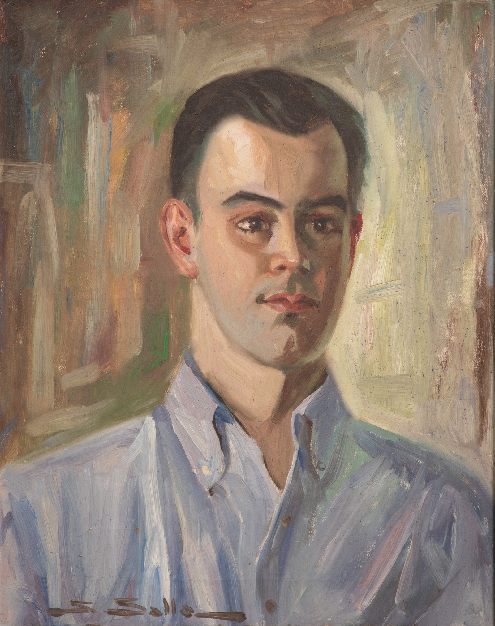Salvatore Salla (Iranian / American, 1903-1992) Oil on Canvas: Salvatore Salla (Iranian / American, 1903-1992) Oil on Canvas Undated, signed, a portrait of a young man, in a wood frame, having a newspaper clipping of artist verso Property from: an Estate, Glen El