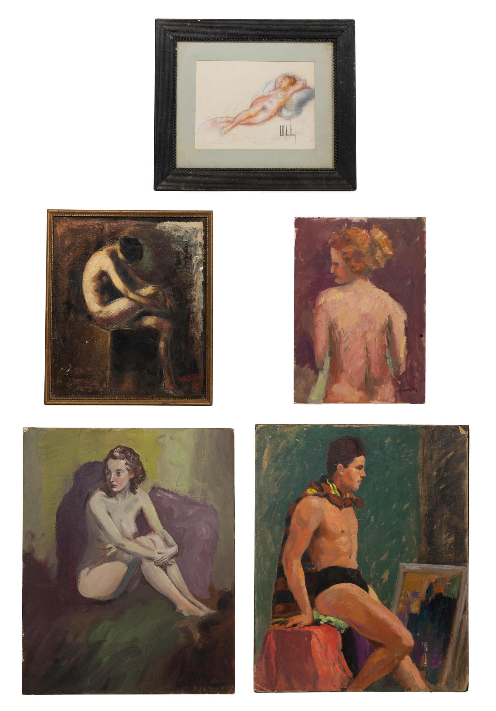 Unknown Artists (20th Century) Artwork Assortment: Unknown Artists (20th Century) Artwork Assortment (5) undated items including (4) signed paintings on board depicting nude figures and a signed mixed media drawing, most unframed Property from: an