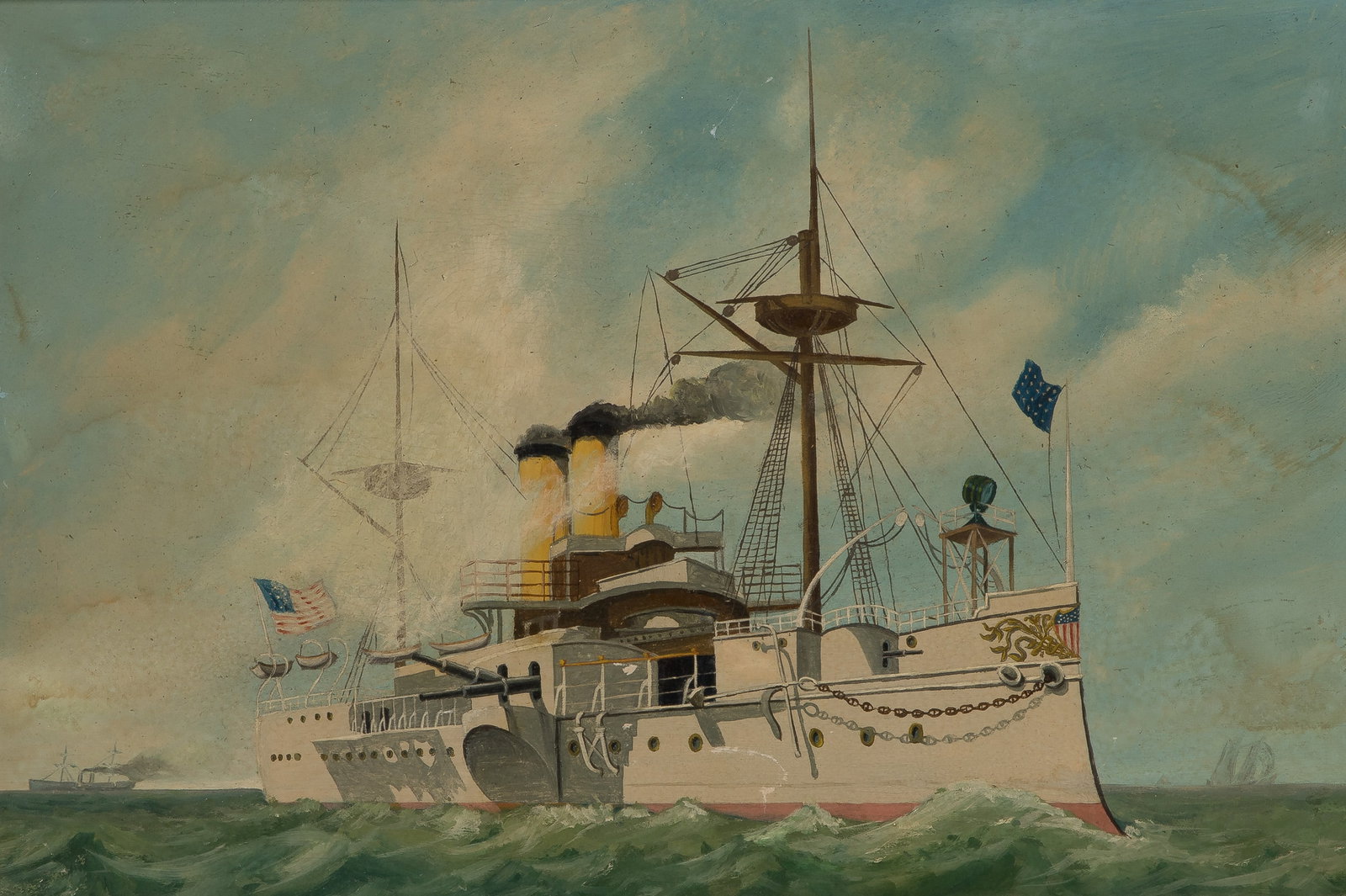 Unknown Artist (American, 20th Century) 'U.S.S. Maine' Oil on Board: Unknown Artist (American, 20th Century) 'U.S.S. Maine' Oil on Board (2) total items including an undated, unsigned depiction of the battleship Maine in a gold-tone wood frame; together with a printed