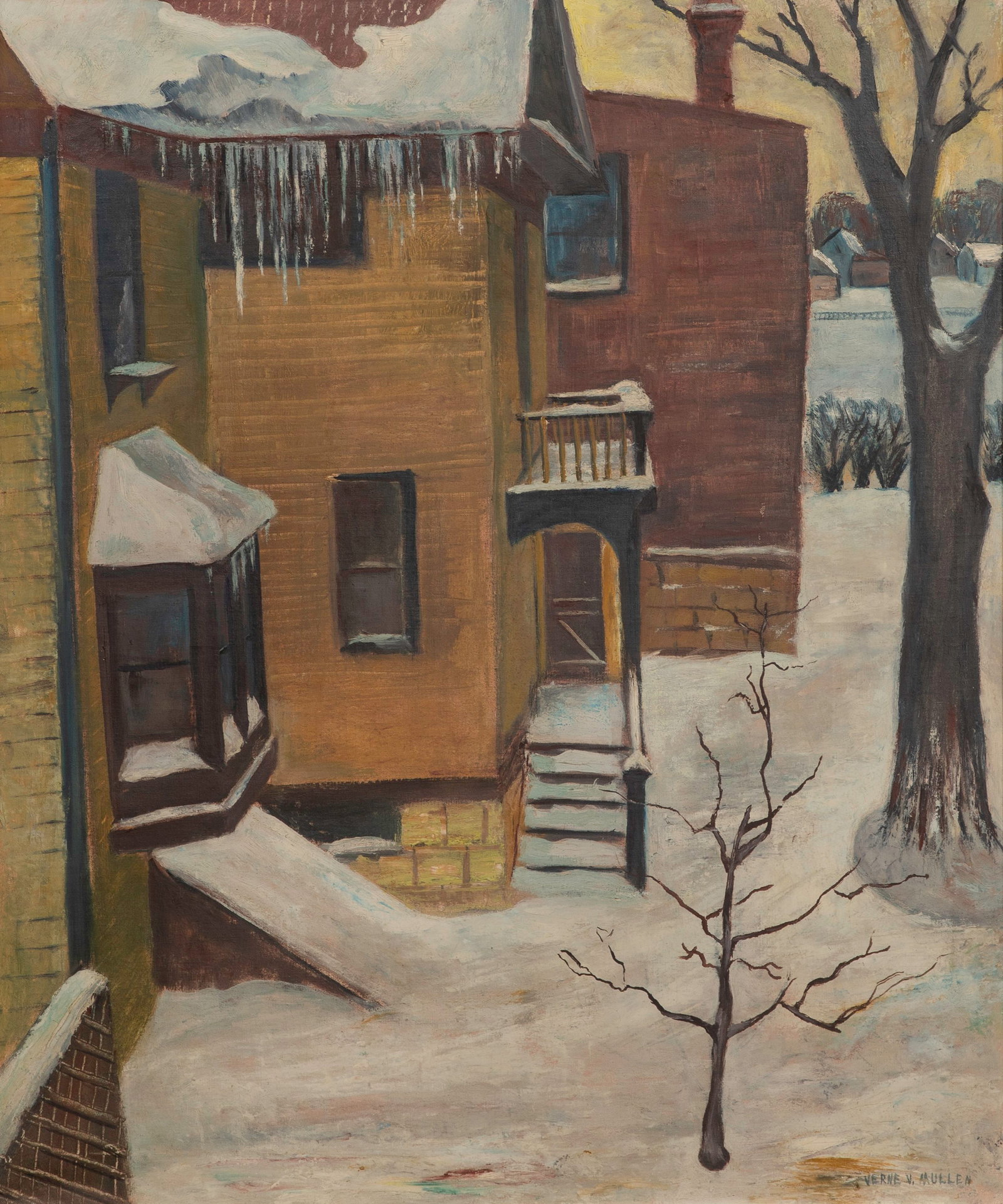 Verne V. Millen (American, b.1888) Oil on Canvas: Verne V. Millen (American, b.1888) Oil on Canvas Undated, signed, depicting the side of a house in winter, in a weathered wood frame Property from: an Estate, Glen Ellyn, Illinois Height: 32 1/4 inche