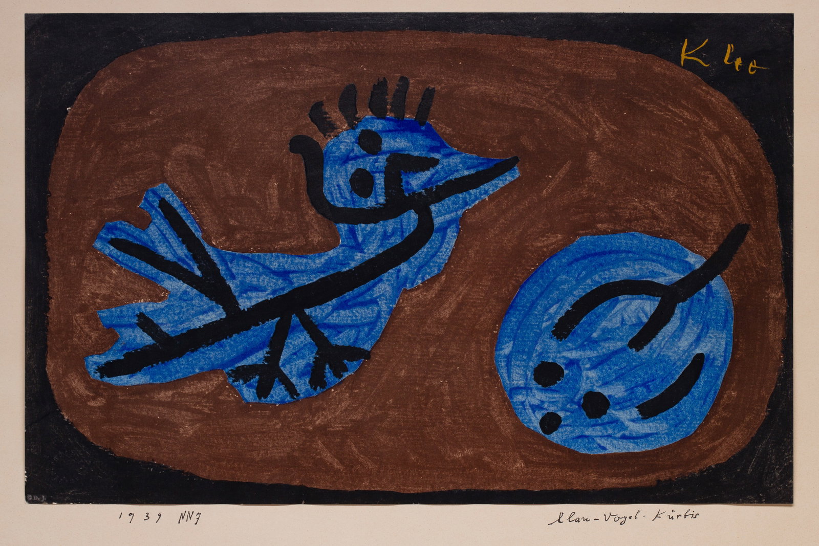 Paul Klee (Swiss, 1879-1940) 'Blaue Vogel Kurbis' Pochoir Print: Paul Klee (Swiss, 1879-1940) 'Blaue Vogel Kurbis' Pochoir Print (2) total items including an undated pochoir, '1939 NN7', printed signature, blind stamp, small copyright 'DJ' in corner, verso stamped