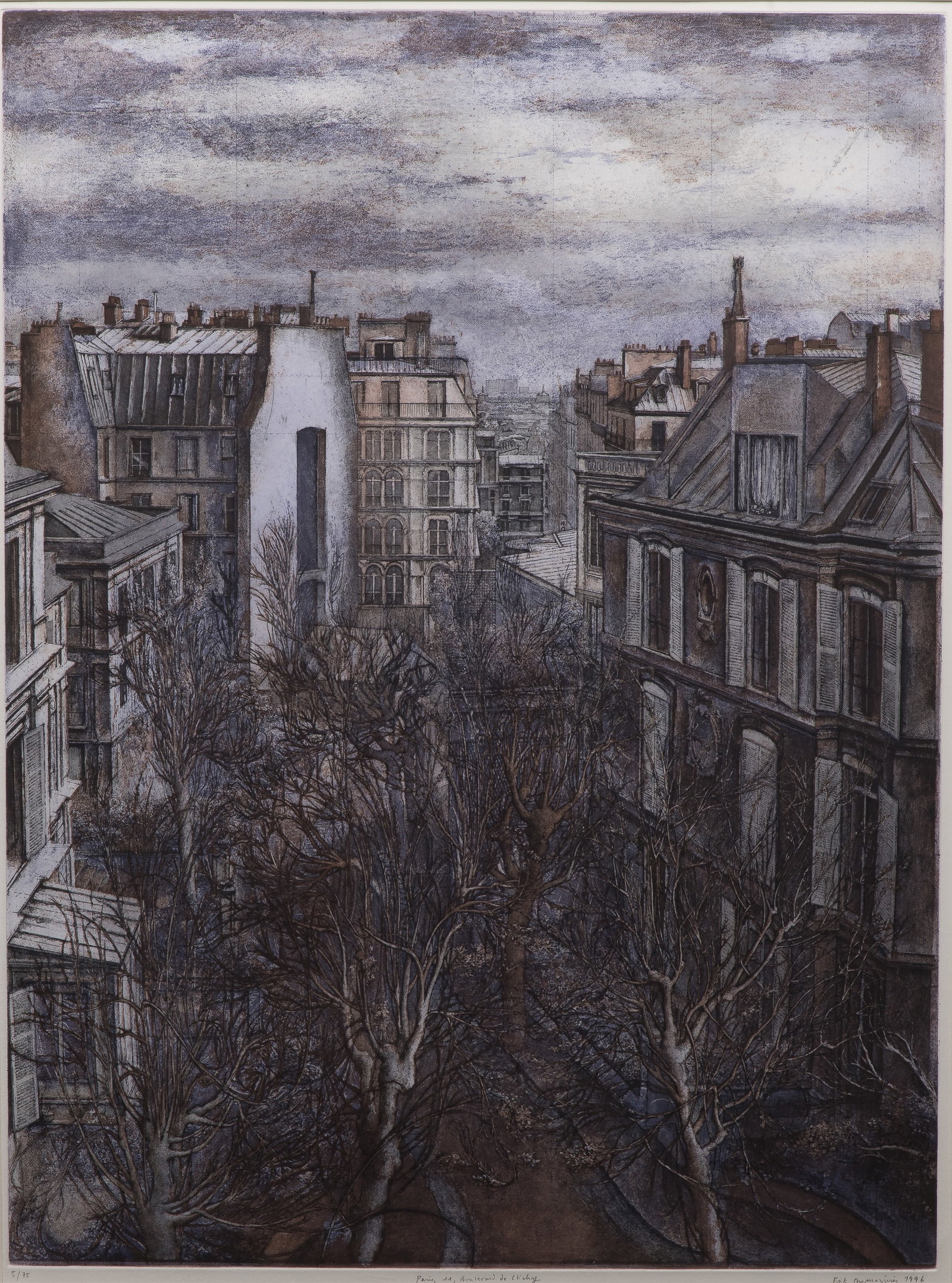 Erik Desmazieres (French, b.1948) 'Paris, 11, Boulevard de Clichy' Etching: Erik Desmazieres (French, b.1948) 'Paris, 11, Boulevard de Clichy' Etching 1996, pencil signed, #5/35, pencil titled center margin, an etching, aquatint and roulette on paper, depicting a boulevard