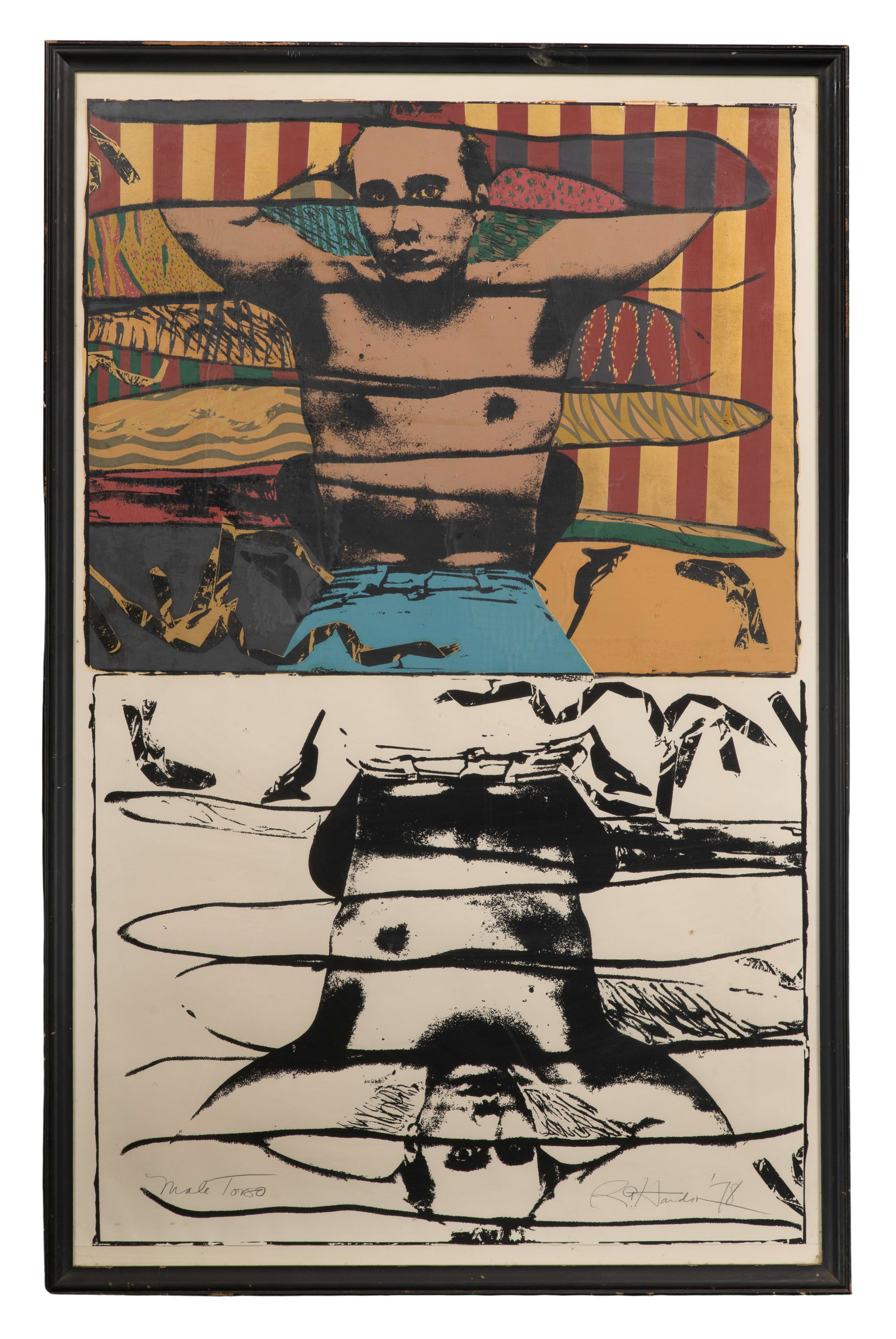 Unknown Artist (20th Century) 'Male Torso' Mixed Media: Unknown Artist (20th Century) 'Male Torso' Mixed Media 1978, illegibly signed, a color image laid above a black and white mirror image, under glass in wood frame Property from: an Estate, Glen Ellyn,