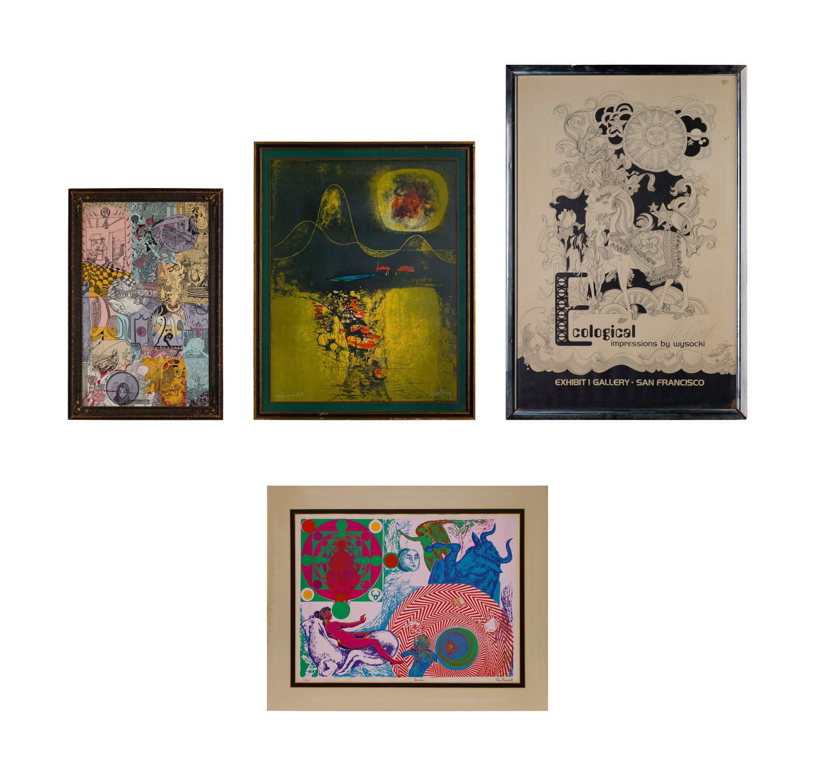 Pop Art Lithographic Assortment: Pop Art Lithographic Assortment (4) items including an undated 'Taurus' serigraph, pencil signed 'Leo Russell' and #135/250 in margin, unframed, a signed Harry Wysocki lithographic poster from