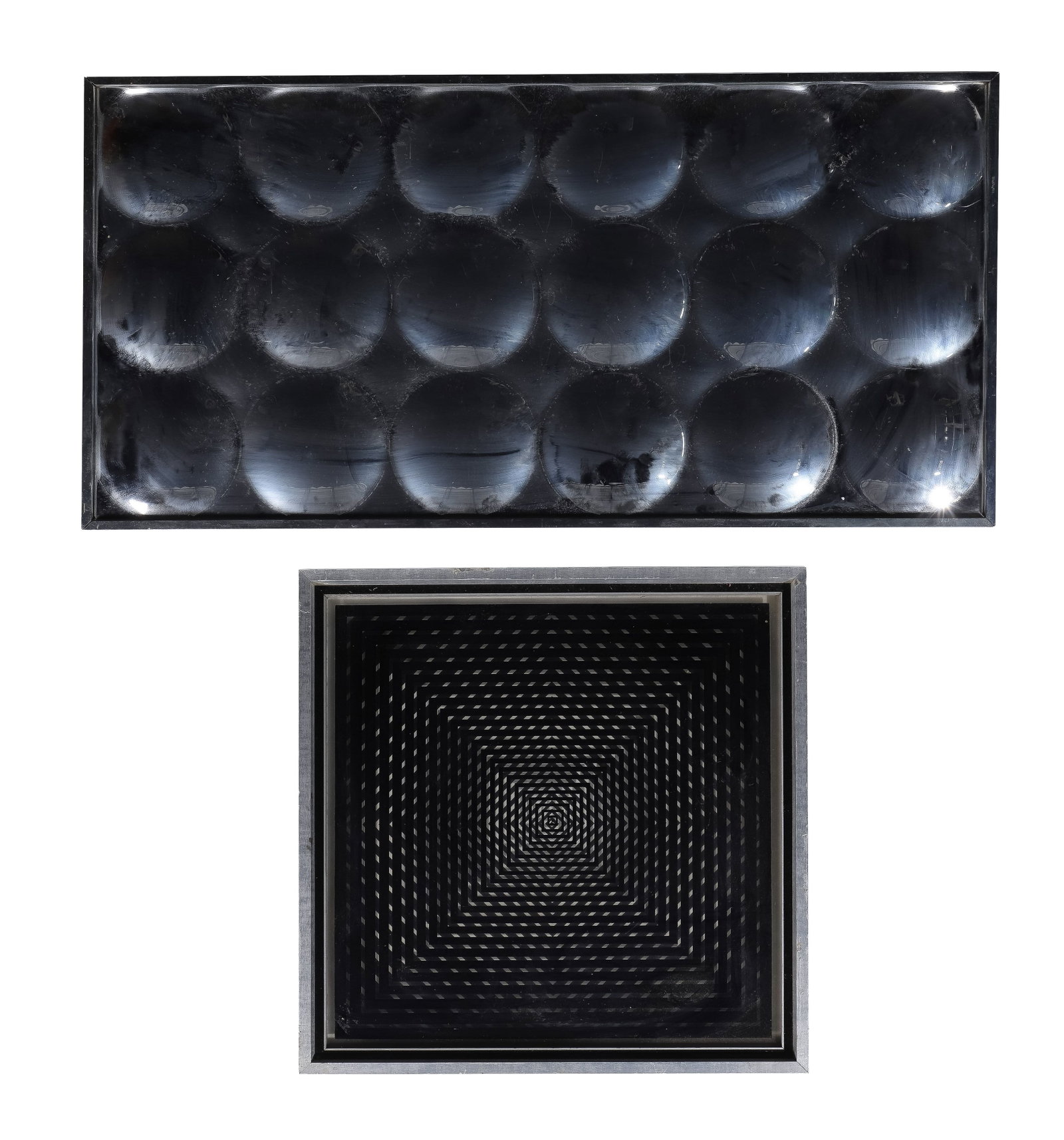 Ram Products Plexi-View Op Art Mirror: Ram Products Plexi-View Op Art Mirror (2) total items including the mirrored acrylic sheet molded into eighteen convex areas, in a brushed steel frame having Ram Products label verso; together with a