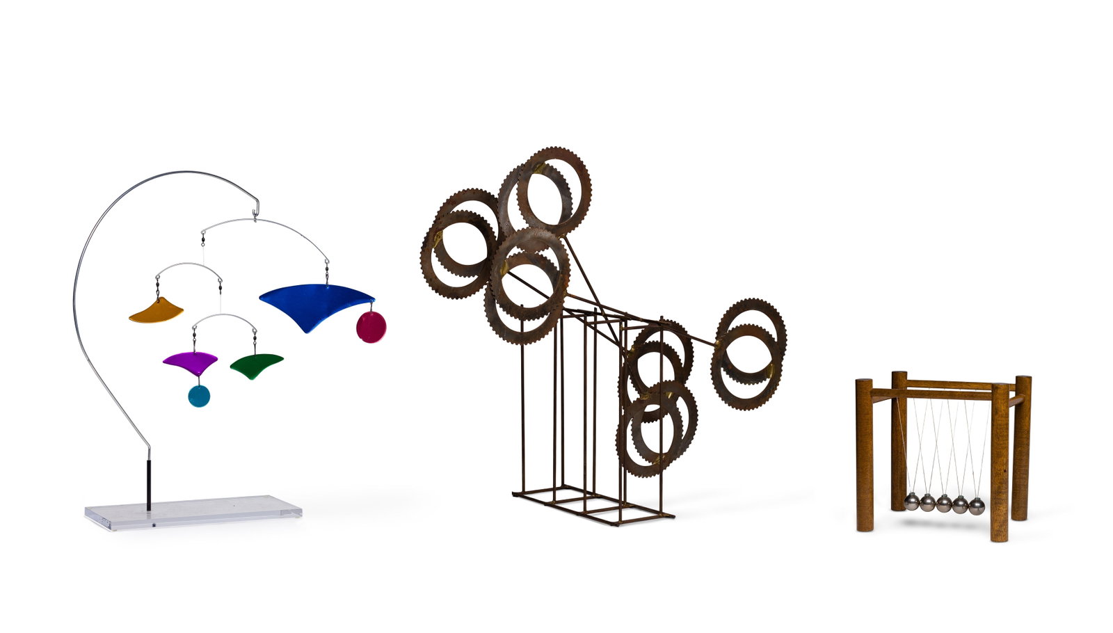 Stoner / Hatton (American, 20th Century) Anodized Aluminum Mobile Kinetic Sculpture: Stoner / Hatton (American, 20th Century) Anodized Aluminum Mobile Kinetic Sculpture (3) total items including the mobile of wire-suspended anodized aluminum forms having an acrylic base, the largest