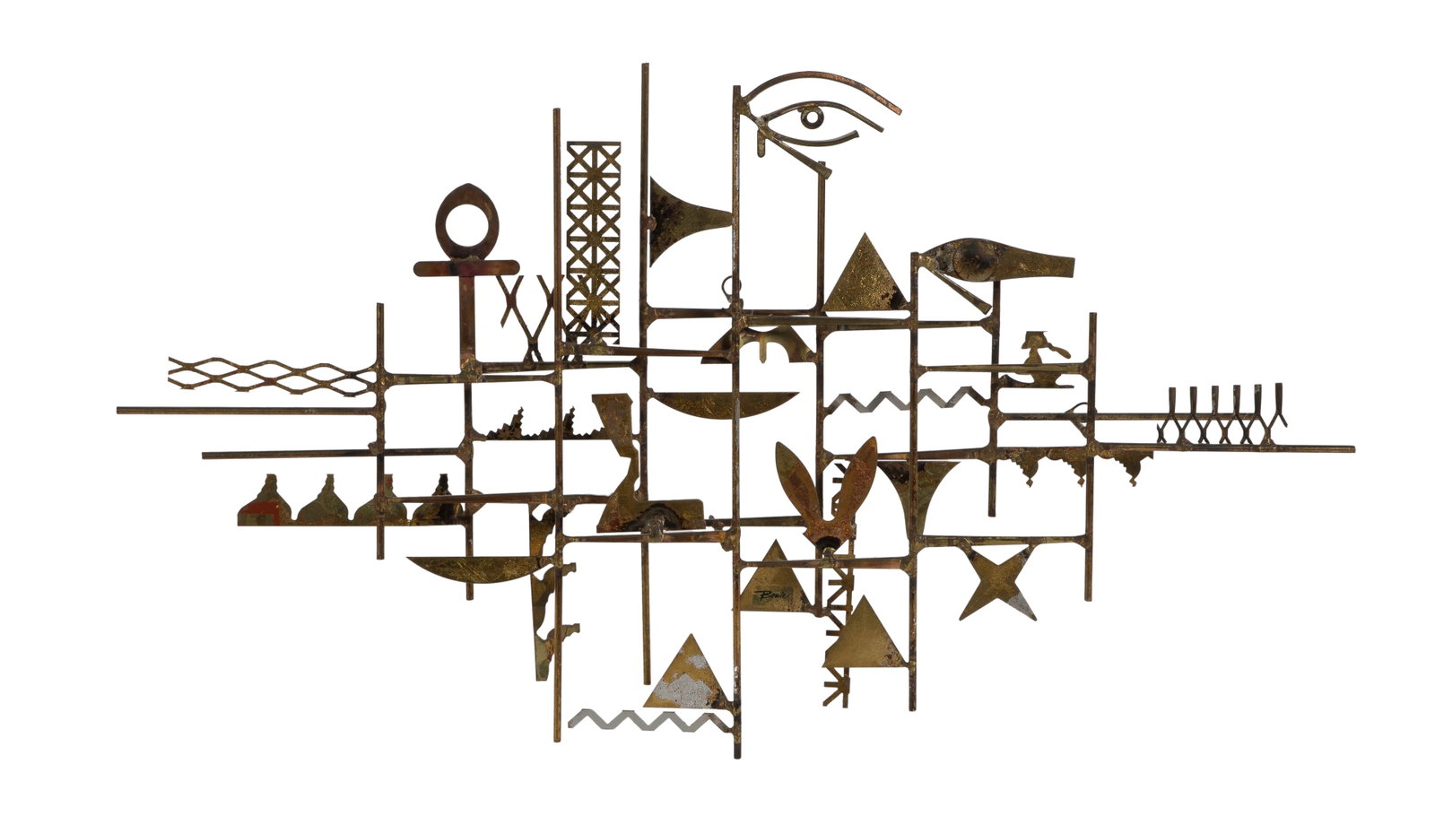 William Bowie (American, 1926-1994) Gilt Metal Wall Sculpture: William Bowie (American, 1926-1994) Gilt Metal Wall Sculpture Undated, printed signature on transparent plastic label lower right of center, welded iron wire and mixed metal cut sheet having