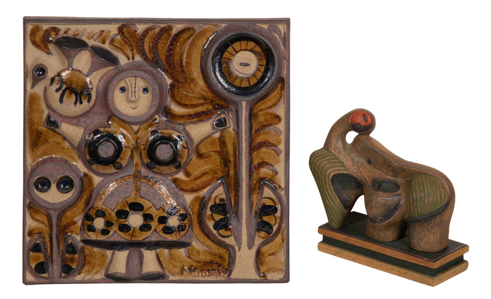 Noomi Backhausen (Danish, 1938-2011) Ceramic Wall Plaque: Noomi Backhausen (Danish, 1938-2011) Ceramic Wall Plaque (2) total items including a stylized figural relief for Soholm Pottery, signed in relief and having incised markings verso; together with an