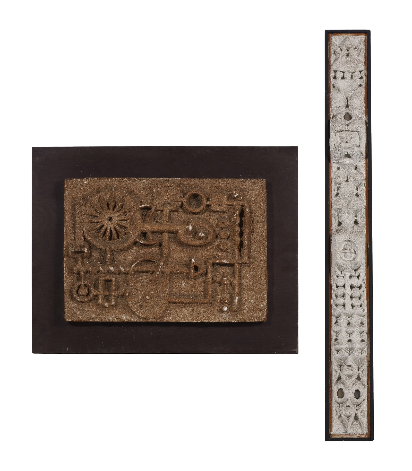 Blanche Albert (American, 20th Century) Sand Cast Resin Wall Sculpture: Blanche Albert (American, 20th Century) Sand Cast Resin Wall Sculpture (2) items, both abstract reliefs having granular surfaces, including an undated 'Sand Trap' mounted to plywood having a plastic