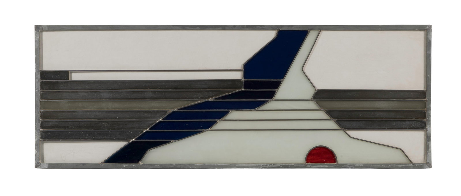 Gunnar Birkerts (Latvian / American, 1925-2017) Stained Glass Panel: Gunnar Birkerts (Latvian / American, 1925-2017) Stained Glass Panel Having engraved signature at a corner, in cobalt blue, red, clear, frosted clear and gray glass Property from: a Private Collector,