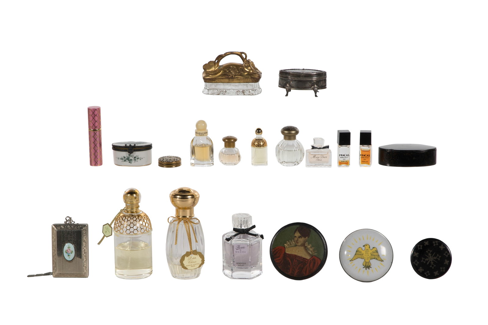 Perfume Bottle and Vanity Assortment: Perfume Bottle and Vanity Assortment (20) items including a 1.6-ounce Flora by Gucci, a 4.2-ounce Aqua Allegoria, a 3.5-ounce Petite Cheri by Annick Goutal, (7) sample size from makers such as Balenci