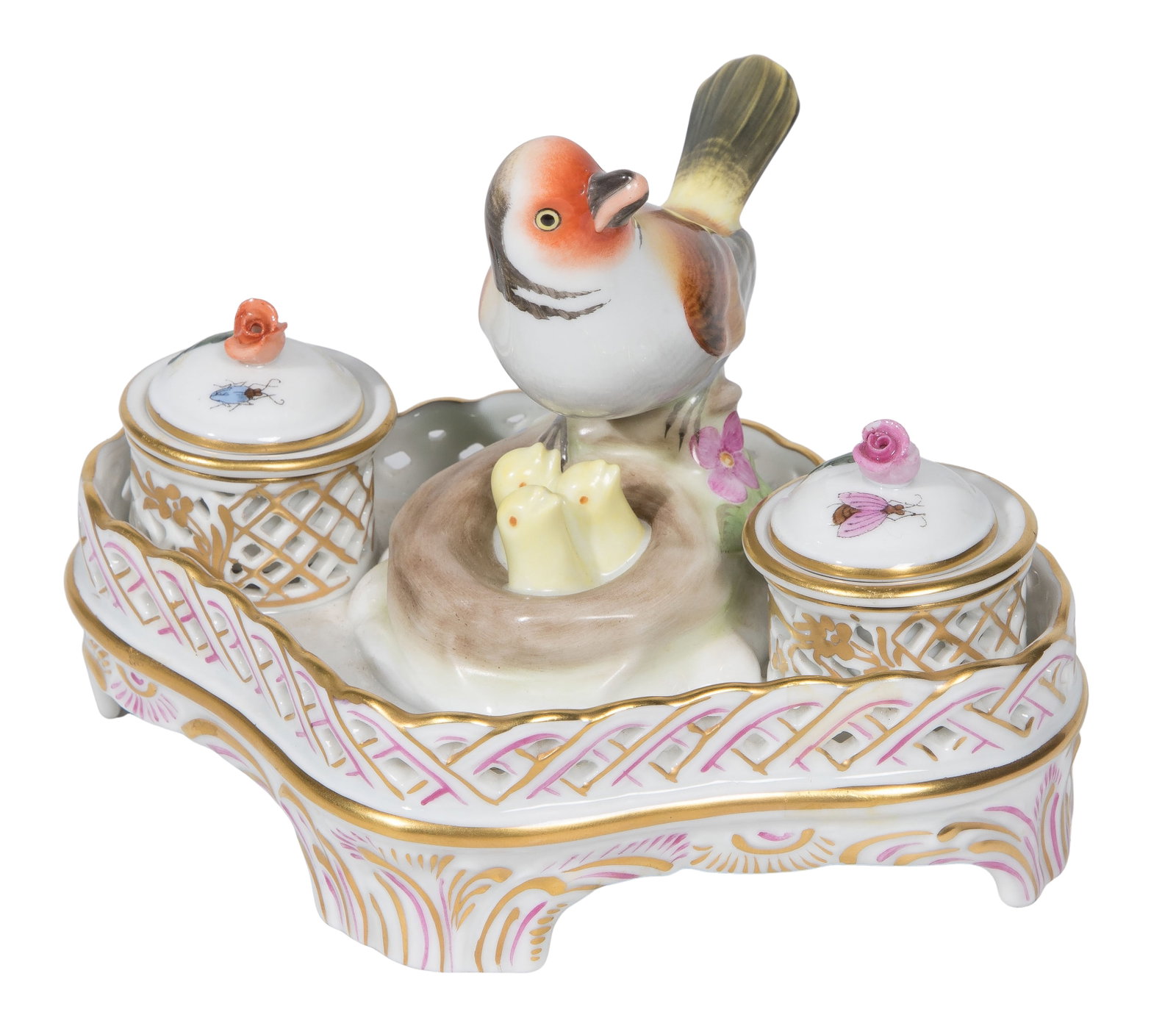 Herend Rothschild Bird Porcelain Inkwell: Herend Rothschild Bird Porcelain Inkwell Numbered #7800/RO, marked on the underside Property from: an Estate, Chicago (Gold Coast), Illinois Height: 4 1/4 inches, Width: 6 inches, Depth: 5 inches Cond