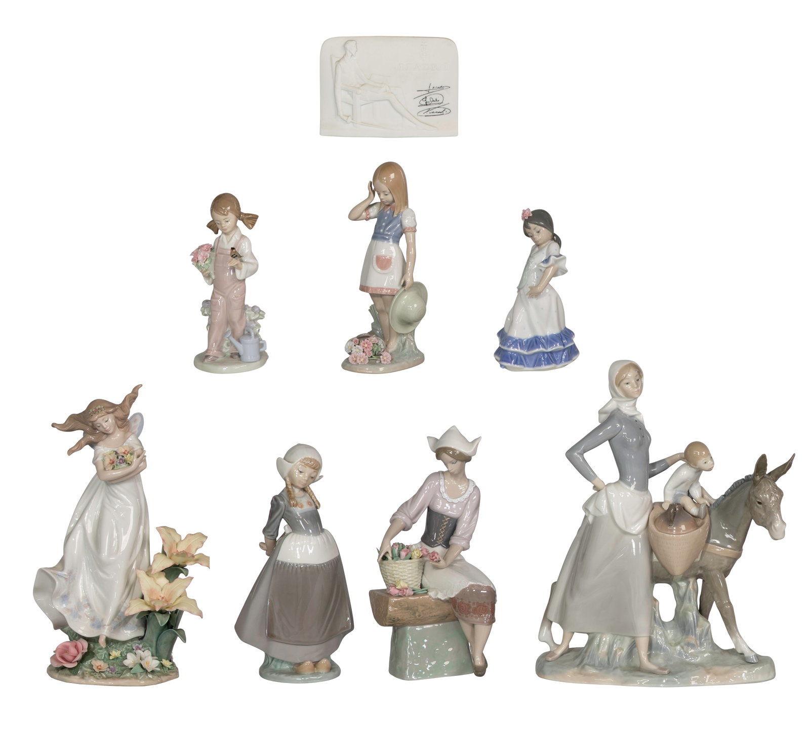 Lladro Porcelain Figurine Assortment: Lladro Porcelain Figurine Assortment (7) items including a limited edition #6686 Mystical Garden #2192/5000, having signed Lladro certificate in a brass frame as well as #4666, #5193, #5062, #1399,